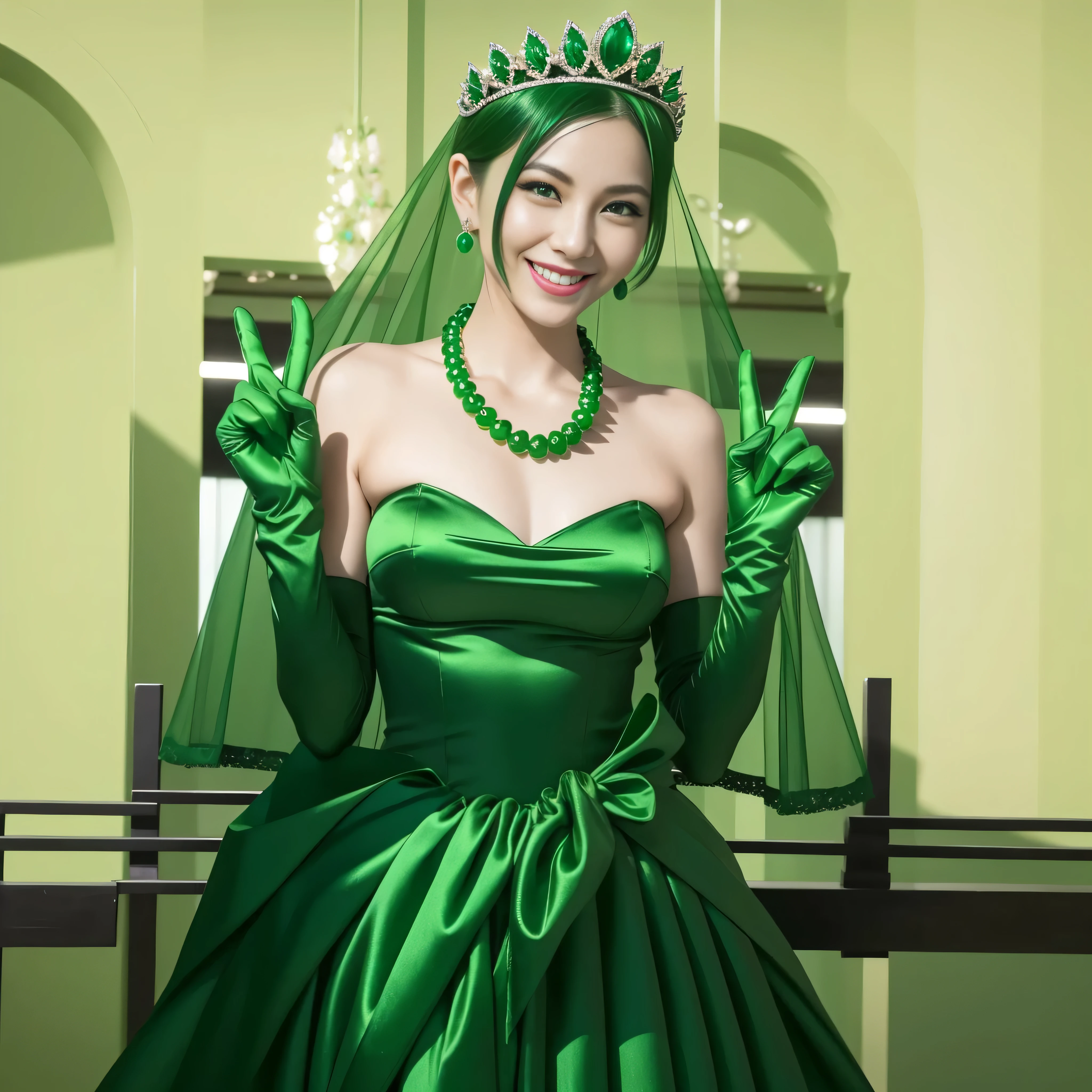 Emerald tiara, Green Pearl Necklace, Boyish very short green hair, lipstick, Smiling Japanese woman, Very short hair, Big and beautiful, Green Eyes, Long green satin gloves, Green Eyes, v sign, Emerald Earrings, Green veil
