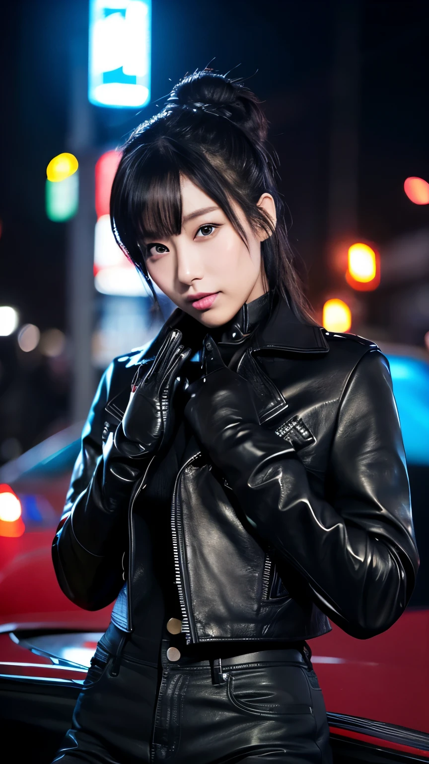 black leather rider jacket, Office in the Dark, Black leather gloved fingertips on both hands,Wearing black leather gloves,Sitting in a black leather chair、 Japanese female new recruits (Black leather gloves cover both hands) (The angle is horizontal)、Black Leather Pants,Black Leather Black Leather Pants,Black Leather Skinny Pants、Long black leather boots on both feet、Black hair ponytail ((He wears black leather gloves on his hands))Full Body Photo,full body shot full body full body leather suit,☺If you turn in this direction。Wearing black leather gloves,Wearing black leather gloves,Wearing black leather gloves,Wearing black leather gloves,Wearing black leather gloves,Wearing black leather gloves,黒のレザーパンツが美しい😍黒のレザーパンツが美しい😍黒のレザーパンツが美しい,😍Smiling while looking at me,City lights、((Neon Cyberpunk City Street:1.3))、(Neon Light)、Detailed lighting、
Best image quality、Ultra-high resolution、(realism:1.4)、Korean Beauty Star、The most beautiful KPOP stars、face、Horny Korean Makeup、A body that makes you want to touch it、Realistic leather texture、Costume made of smooth leather fabric、The drape of the curved parts of the leather fabric、The costume is very shiny、Quality of the costume、8K Photo Quality