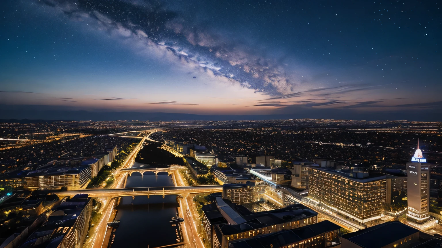 Giant crescent moon、high resolution、born、Standing at Tokyo Skytree、20-year-old woman、Night Scenery、Milky Way Galaxy、Andromeda Galaxy、Tokyo city、Flowing Lines of Light、