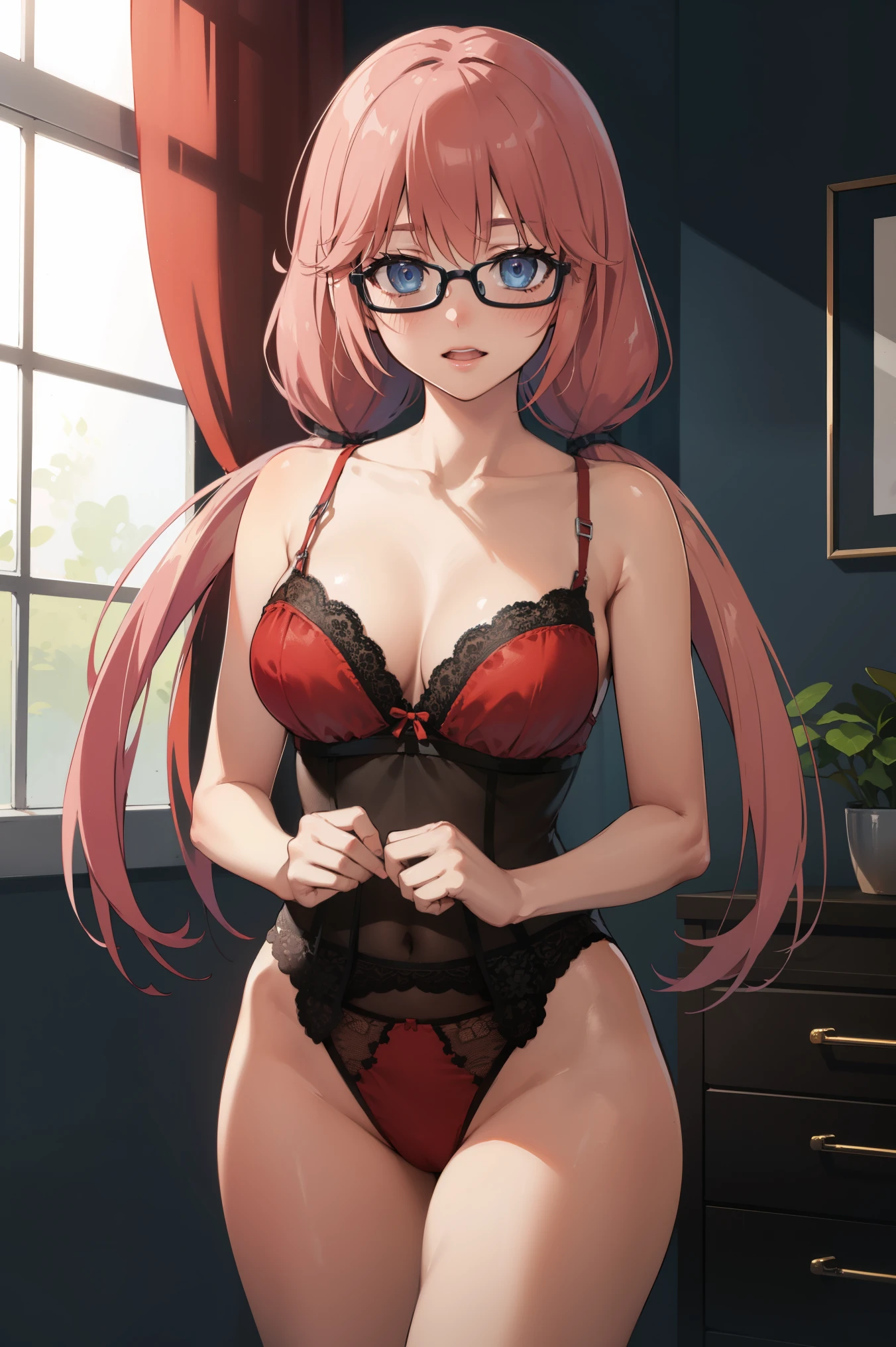 airisakura, airi sakura, blue eyes, glasses, long hair, pink hair, (low twintails:1.5), happy, subducting face 
BREAK glasses, red lingerie 
BREAK looking at viewer, full body, (cowboy shot:1.5),
BREAK indoors, bedroom, romantic scene 
BREAK (masterpiece:1.2), best quality, high resolution, unity 8k wallpaper, (illustration:0.8), (beautiful detailed eyes:1.6), extremely detailed face, perfect lighting, extremely detailed CG, (perfect hands, perfect anatomy),