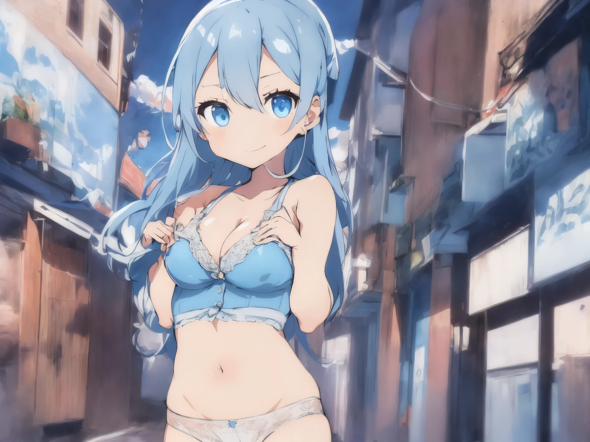 A girl in a long white short-sleeved shirt with the buttons undone、Cute light blue bra、Cute light blue underwear、barefoot、Girl with super long black hair、Blue ocean, cumulonimbus clouds and blue sky、Beautiful breasts、Cute orange underwear、The crack is clearly visible、Perfect hands、Perfect legs
