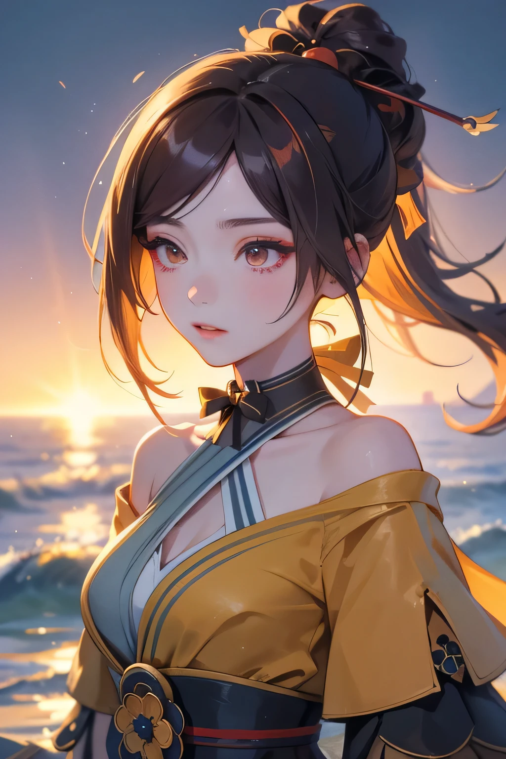 [chiori gi]:1.5,((masterpiece,highest quality,Highly detailed images,Beautiful images))1.4(chiori images、Water city of anime、Beautiful waterways、The wind is blowing、Overall dim lighting、Backlight、A fantastic atmosphere、Thick Fog、Dust flutters)1.3,(standing,Upper body portrait)1.1、(Off the shoulder):1.2
