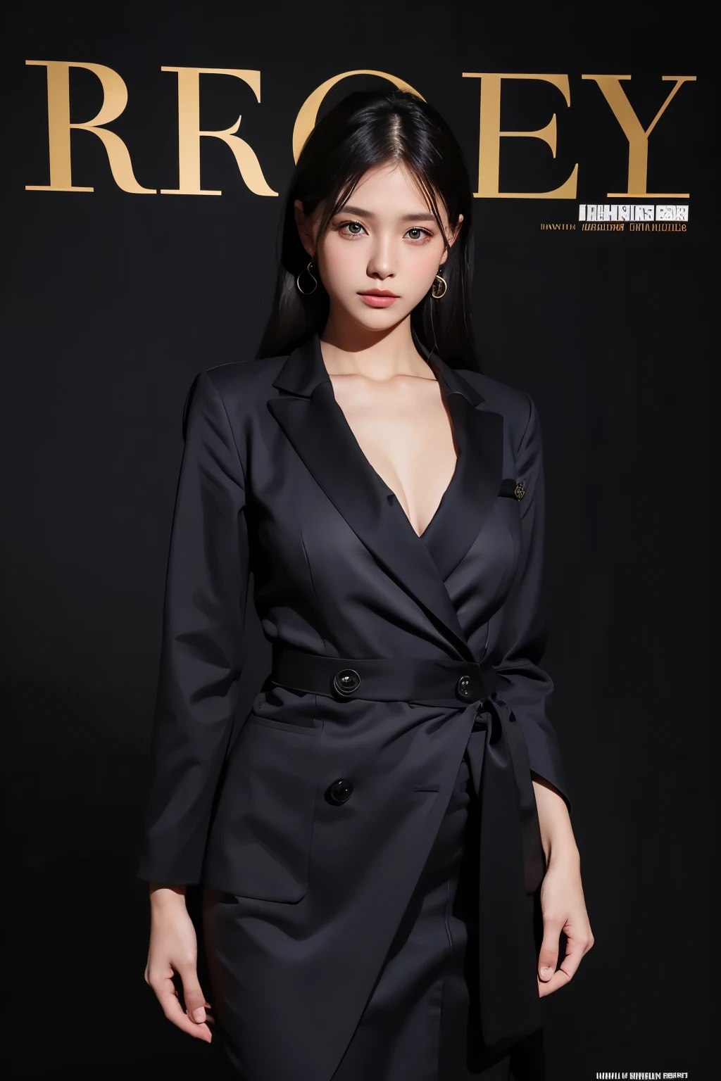 Beautiful woman wearing luxurious clothes, dark background, magazine pose,
