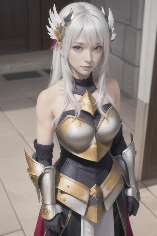 Best quality, masterpiece, detailed,
Rossweiss, Rossweisse 1 girl, closed mouth, slight smile,
White hair, green eyes, sea green eyes, long hair, hair ornament,
(armor, mittens, bare shoulders:1.3),