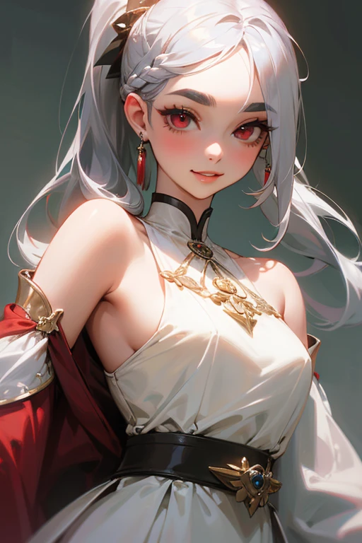 (highest quality, masterpiece:1.2), High resolution, 最高masterpiece、Very detailed, Realistic:1.37, Fantasy, An illustration,Gray Hair、 Red eyes、Queen, White Dress、Platinum decoration、beautifully、Eyeshadow Red、Thick eyebrows、Long eyelashes、pupils are black、shiny on the lips、Top Sites、Queen、Princess、ponytail、A kind smile、Show your teeth a little and smile、Soft impression、people々々々々々Loved by、Slimming the face、Shoulder Bare、sexy、Learn more、Braid、