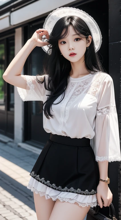 ,Long black hair,woman,22 years old,White short-sleeved blouse,It flips up like a miniskirt,White lace underwear,In town,