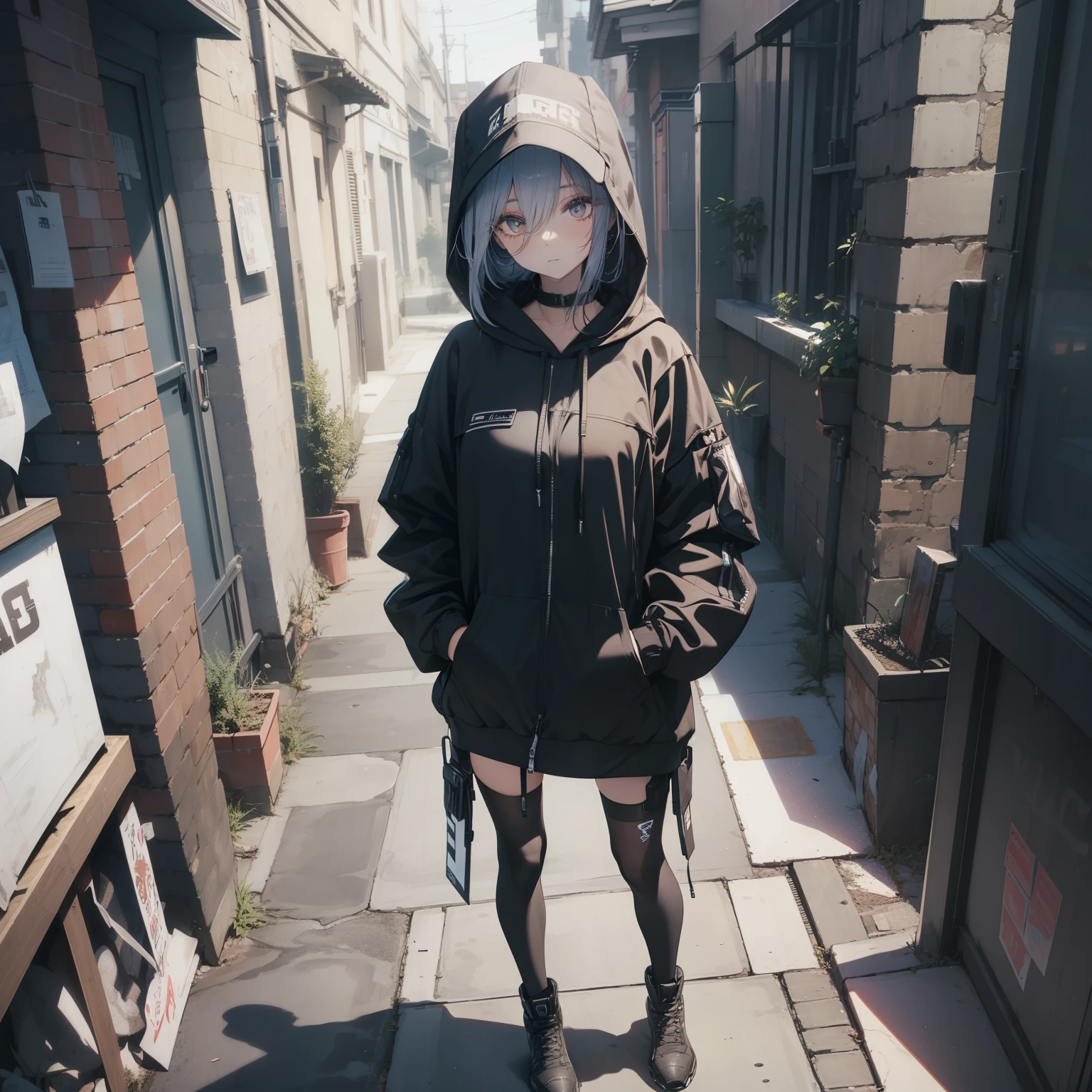 ((1Woman:1)),((standing-in-a-alleyway:1))((beautiful eyelashes:1)), ((expressive:1)), ((high-angle-view:1)),((wearing-techwear-hoodie:1)),((Cyberworld:1))