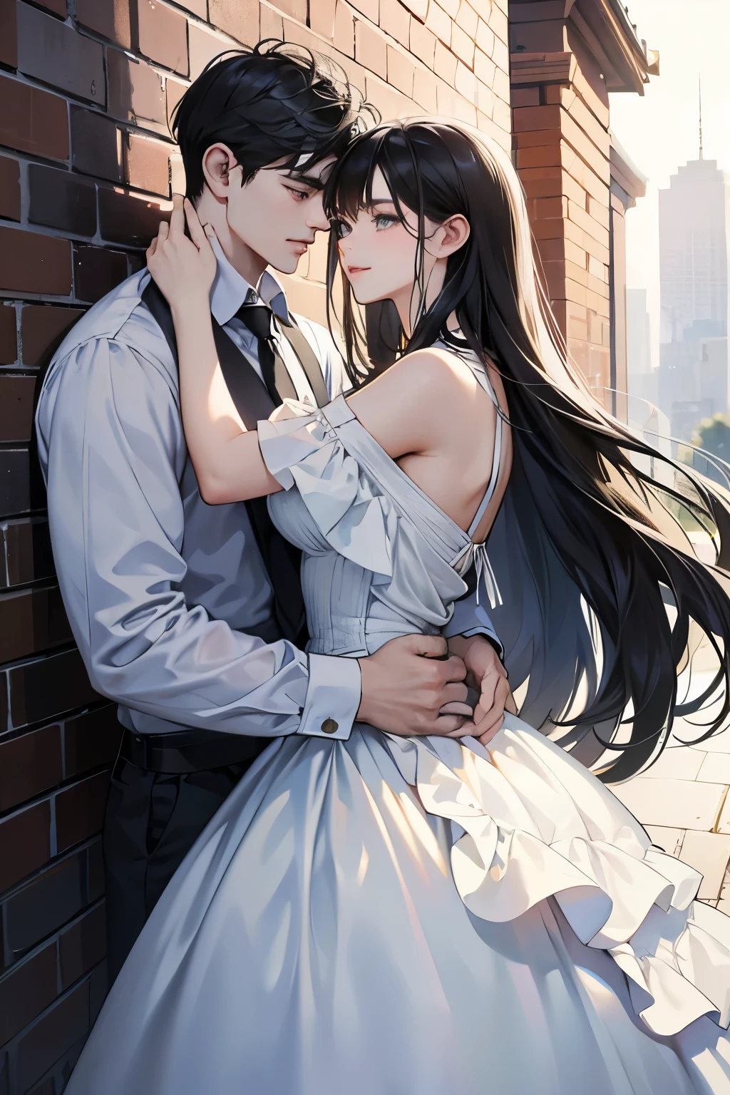 (masterpiece:1.4), top-quality:1.4, meets the eye with its stunning intricacies, a harmonious blend of art and reality,
(2 Others:1.4), an adult male and female couple, height difference adds allure to their union,
different fashion statements: black and white, modern urban streets as their backdrop,
his oversized shirt contrasts her sleek, form-fitting dress, embracing their contrasting styles,
hands on his back, a sign of his protective nature, her gentle touch bringing a sense of happiness,
she wears long black hair cascading down her shoulders, evoking an air of mystery and elegance,