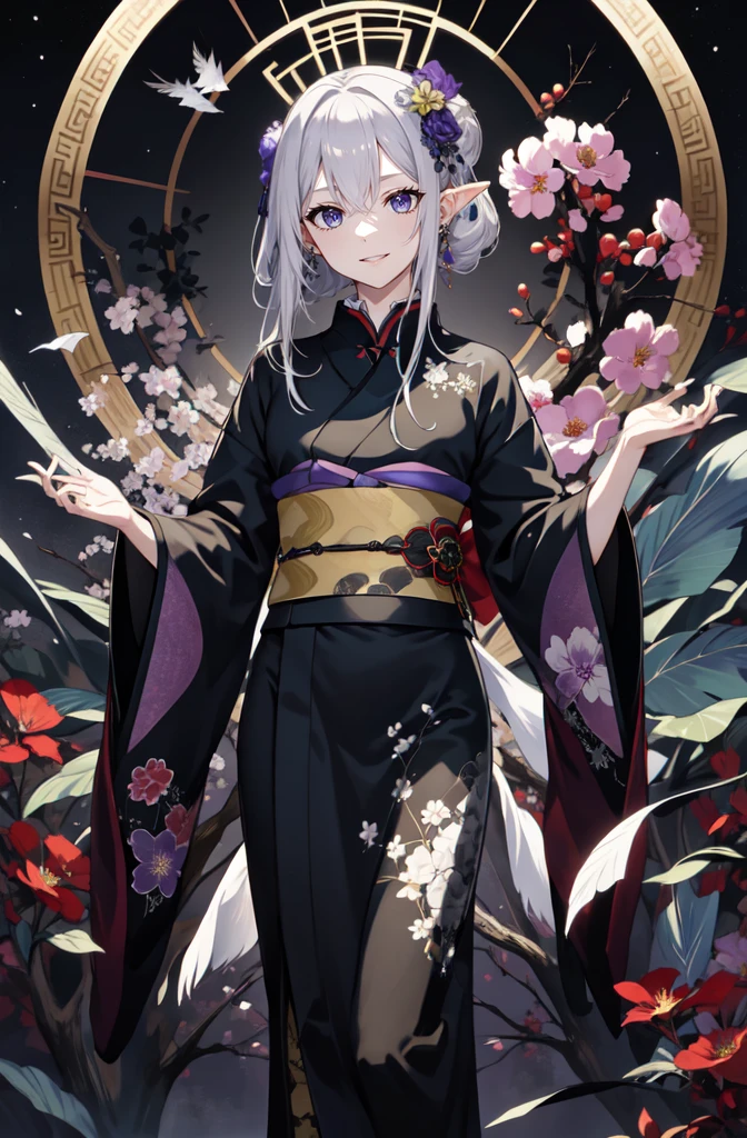 [（black background：1.5）：：0.25]，（hexagon：1.4），（Vivid colors：1.4）（Pop Art：1.4）、（Art Nouveau：1.1），night，Petals flutter，月Light，Elf girl with makeup，Wearing Kimono，Silver hair，Very long hair，Heterochromia of eyes，Violet eyes，（Pale complexion），Keep your mouth shut（masterpiece，quality，最佳quality，Official Art，Beauty and aesthetics：1.2），Very detailed，（Fractal Art：1.1），（Blooming flowers：1.3），（Tangle：1.2），（Dynamic poses），（Abstract Background：1.3），（Traditional Chinese embroidery fabrics：1.2）、（皮肤发Light）、（multiple colour：1.4）、（Ear nipple rings：1.4），（Decorative paintings：1.6，）、Light、墨画和ink画，ink
