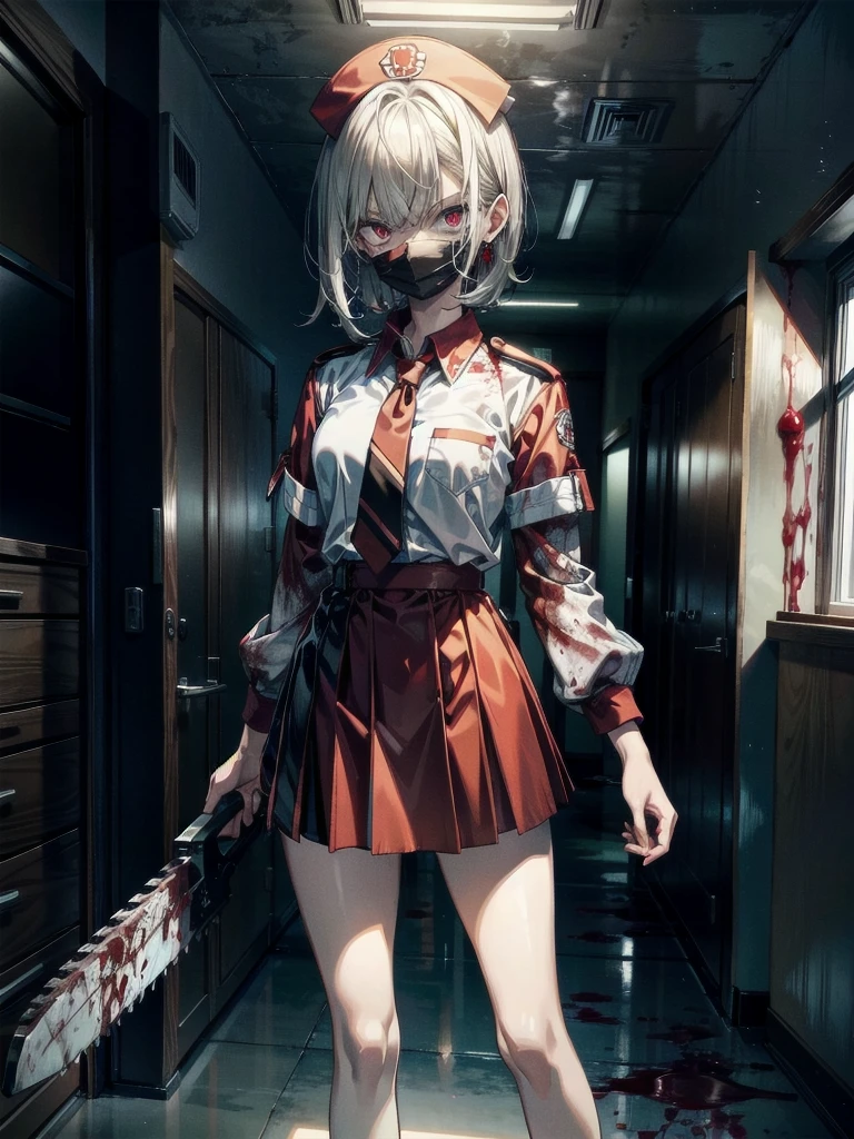 ((blood)), ((blood splatter)), ((blood on clothes)), ((blood stain)), hospital, (nurse uniform), (have a chainsaw), (zombie), absurdres, RAW photo, extremely delicate and beautiful, masterpiece, Best Quality, ultra high resolution, 32k, hyperrealistic, ultra-detailed, detailed description, pale skin, 20 years old, tearful mole, earring, Colossal tits, short medium hair, wavy hair, evil grin, full body shot,