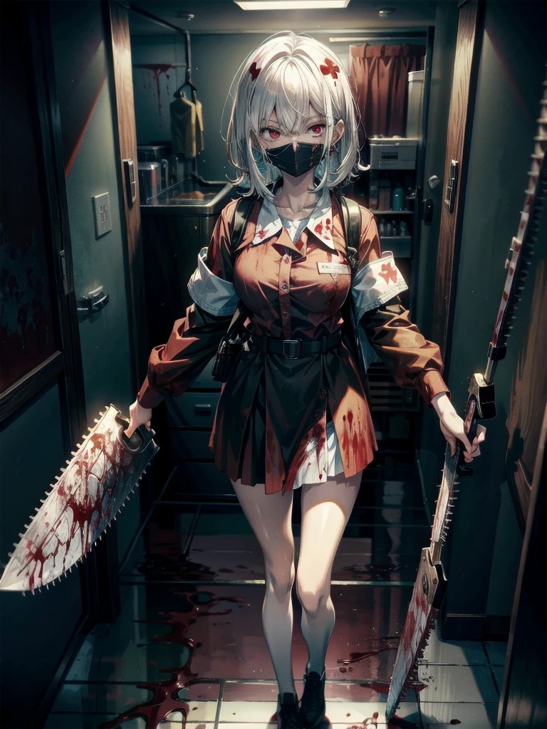 ((blood)), ((blood splatter)), ((blood on clothes)), ((blood stain)), hospital, (nurse uniform), (have a chainsaw), (zombie), absurdres, RAW photo, extremely delicate and beautiful, masterpiece, Best Quality, ultra high resolution, 32k, hyperrealistic, ultra-detailed, detailed description, pale skin, 20 years old, tearful mole, earring, Colossal tits, short medium hair, wavy hair, evil grin, full body shot,