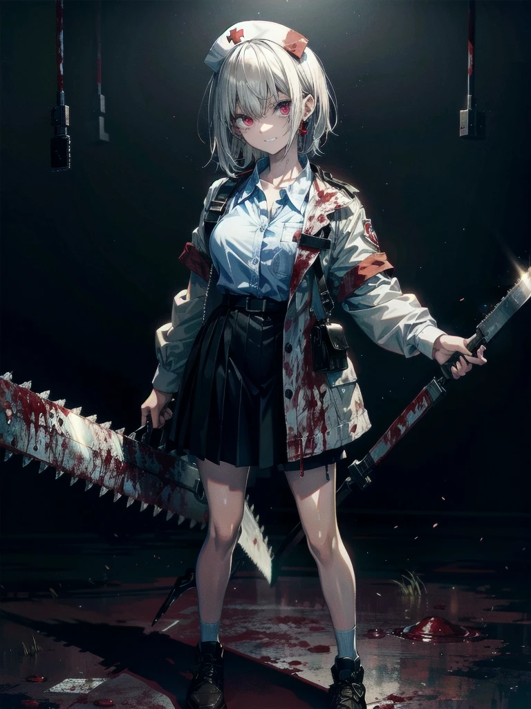 ((blood)), ((blood splatter)), ((blood on clothes)), ((blood stain)), hospital, (nurse uniform), (have a chainsaw), (zombie), absurdres, RAW photo, extremely delicate and beautiful, masterpiece, Best Quality, ultra high resolution, 32k, hyperrealistic, ultra-detailed, detailed description, pale skin, 20 years old, tearful mole, earring, Colossal tits, short medium hair, wavy hair, evil grin, full body shot,