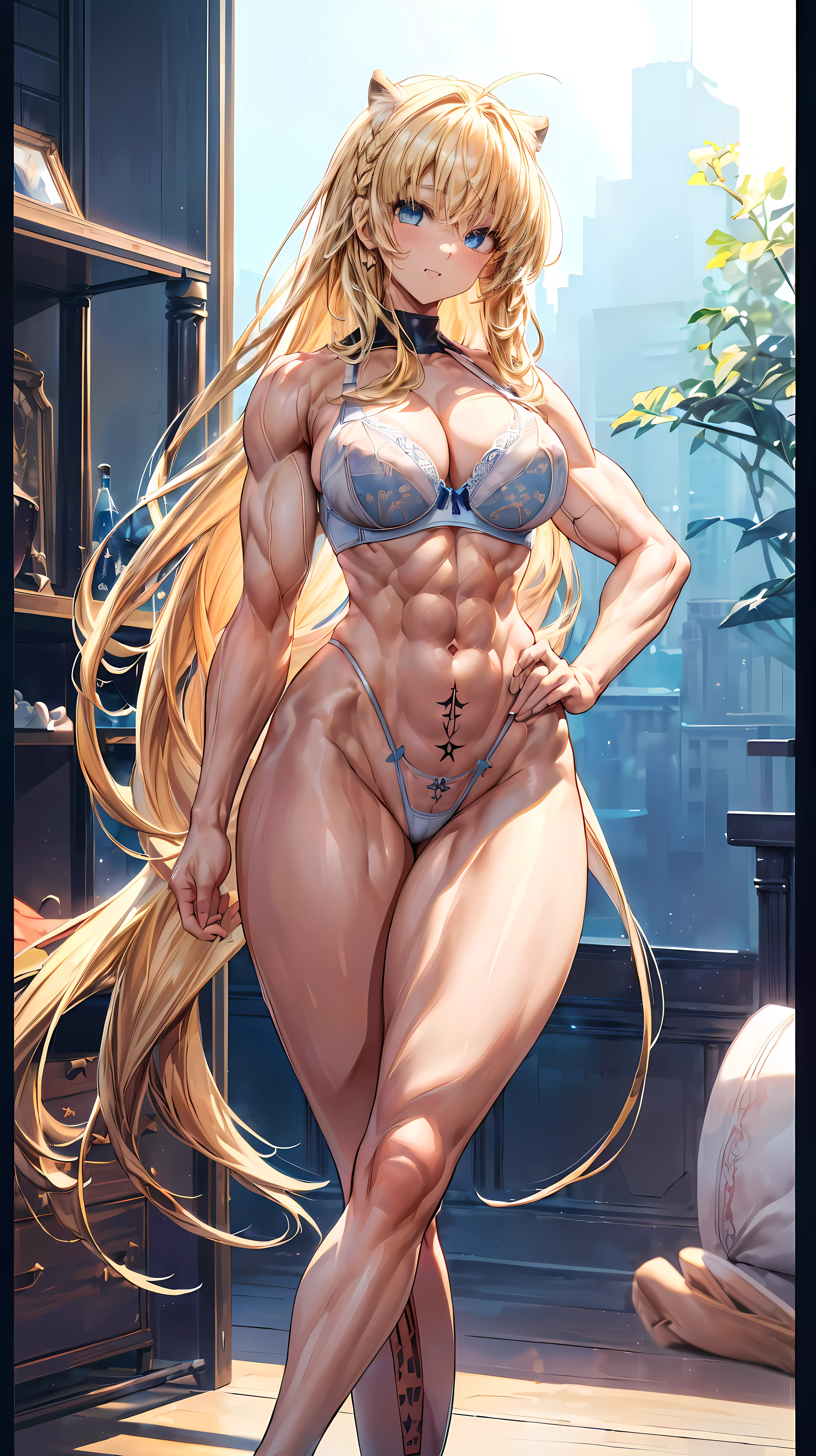 Very detailed、highest quality、Best image quality、masterpiece、8k、Anime Face、A kind smile、(Open your mouth:1.3)、Sparkling blue eyes、(Blonde semi-long hair:1.5)、(Muscles of the whole body:1.3)、(highleg:2.0)、Thigh belt、(Cowboy Shot:1.5)、(SFW Giant)、(Thick body:1.2)、(bra:1.5)、(sxspnts)、(Hands on hips:1.1)