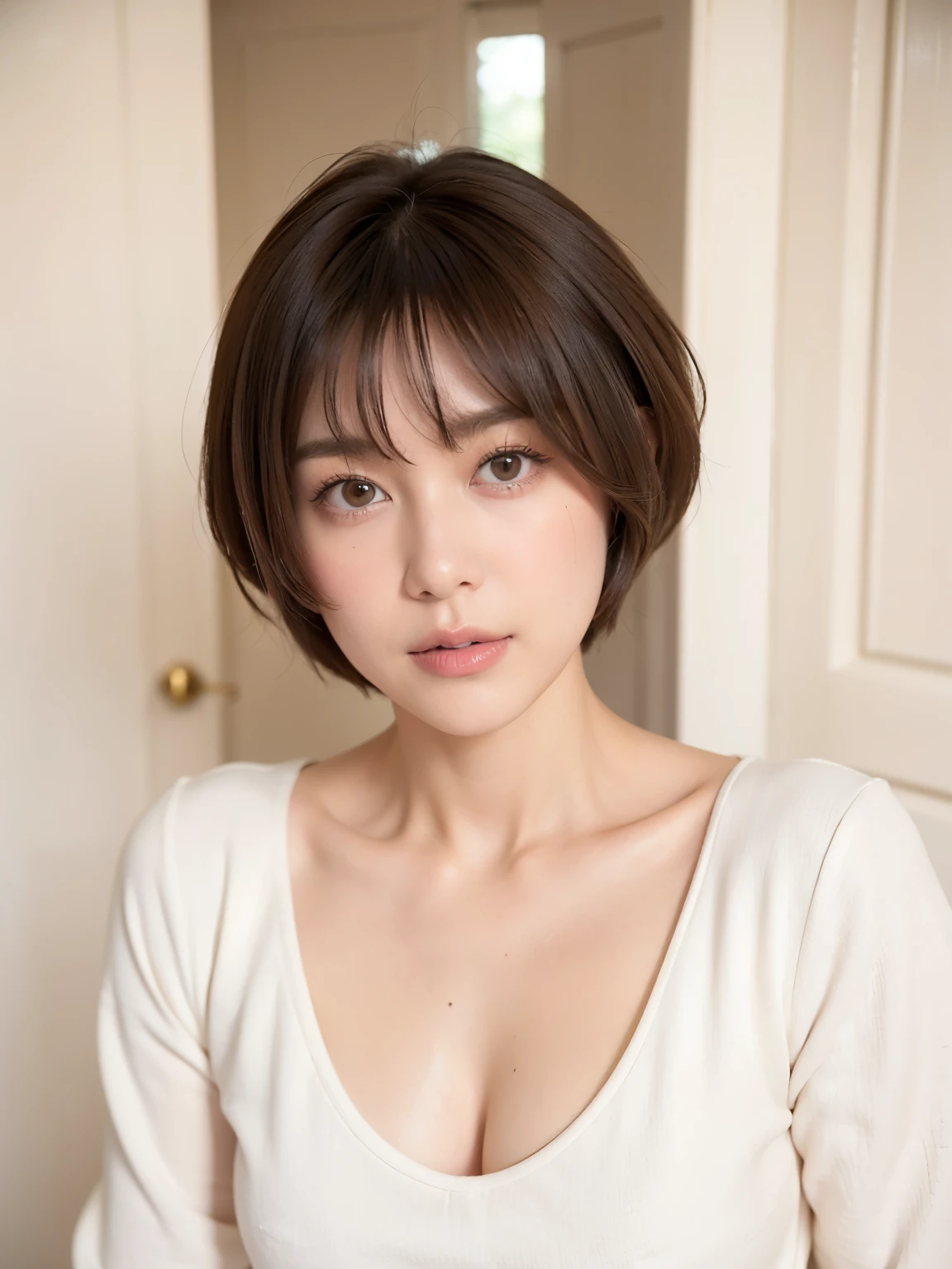 Patterned long sleeve dress、Tabletop、(Grey knit dress:1.6)、(White wall in the background、In front of a white door:1.4)、((highest quality、8k、masterpiece:1.3))、Japanese woman in her 38s、Ultra-high resolution、(photoGenuineistic:1.4)、RAW Photos、Japanese,(face)、Genuine、Photographed in natural light、Highly detailed face and skin texture、(black eye)、Highly detailed lips、The correct state of the human body、Shortcuts、short hair、short hair、Brown Hair、Various poses、Natural color lip、(She is facing to the left:1.2)