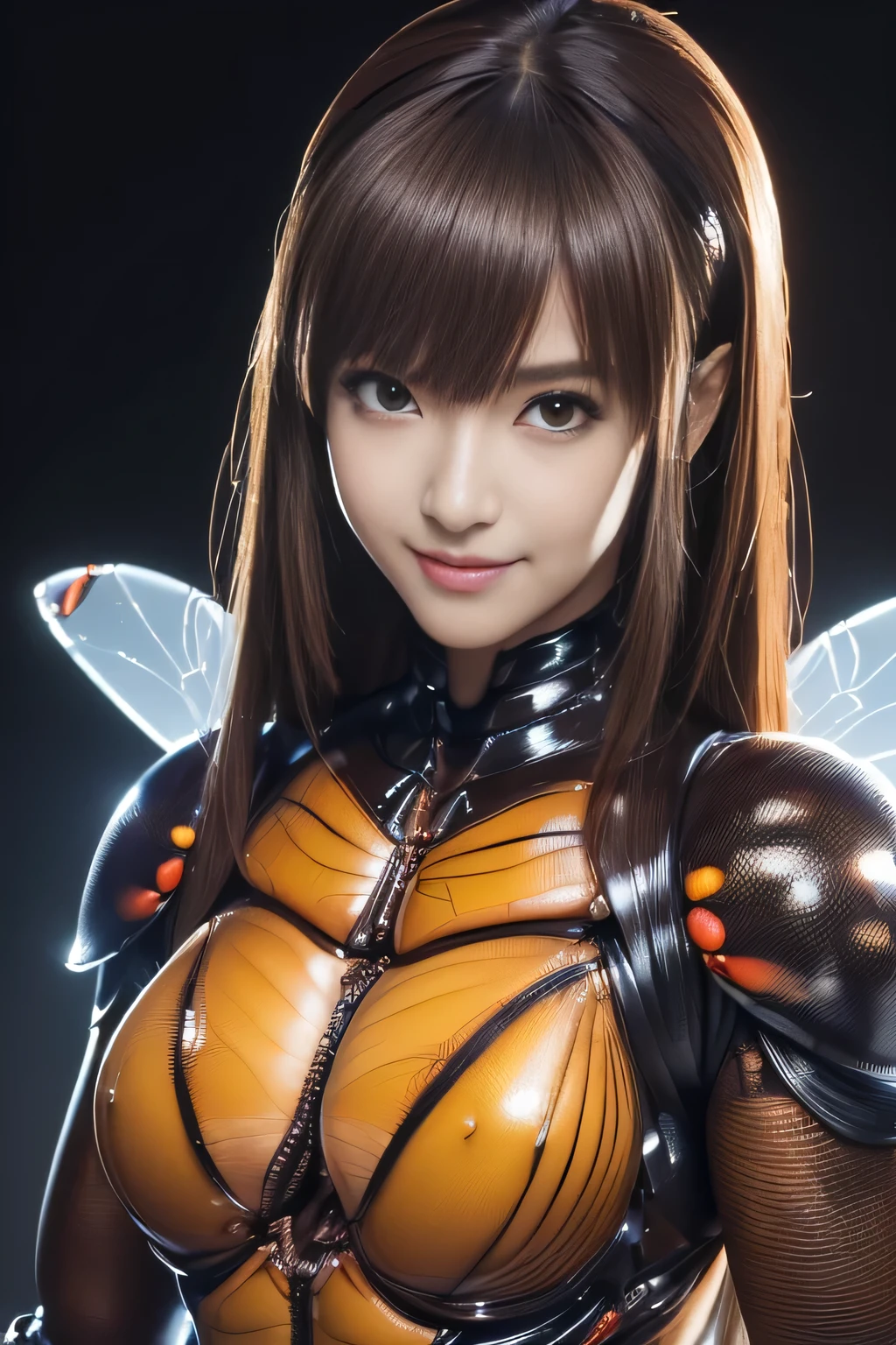(high resolution,masterpiece,best quality,extremely detailed CG, anime, official art:1.4), realistic, photo, amazing fine details, all intricate, gloss and shiny,awesome many layers, 8k wall paper, 3d, sketch, kawaii, illustration,( solo:1.4), perfect female proportion,villainess, (fusion of dark brown cockroach and lady:1.4), (brown cockroach form lady:1.2), (brown cockroach lady:1.2), (fusion:1.2), (solo:1.4), (evil smile:1.2), muscular, abs, (cockroach brown exoskeleton bio insect suit:1.4), (cockroach brown exoskeleton bio insect armor:1.2), (brown transparency cockroach wing:1.4), (brown cockroach antennae:1.3),