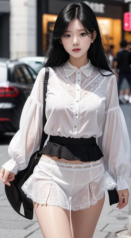 ,Long black hair,woman,22 years old,White short-sleeved blouse,The miniskirt flips up to reveal her white lace underwear,In town,Man behind,