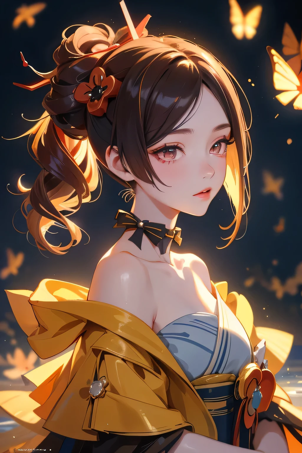 [chiori gi]:1.5,((masterpiece,highest quality,Highly detailed images,Beautiful images))1.4(chiori images、Water city of anime、Beautiful waterways、The wind is blowing、Overall dim lighting、Backlight、A fantastic atmosphere、Thick Fog、Dust flutters)1.3,(standing,Upper body portrait)1.1、(Off the shoulder):1.2
