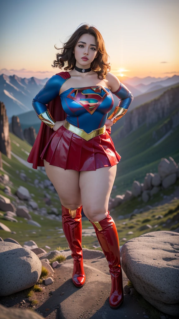 masterpiece, (shoulder length curly brunette hair, Supergirl) ((Standing in the middle TOP OF A HIGH ROCKY MOUNTAIN, SUNSET, BLUE SKY,)) with legs spread、large full breasts、Looking at the camera、Glossy enamel costume、Glossy bright red enamel long boots、Shiny red skirt、Glossy bondage、a choker、Large open legs, (chubby:1.2), (huge breasts:1.1), (wide hips:1.3)