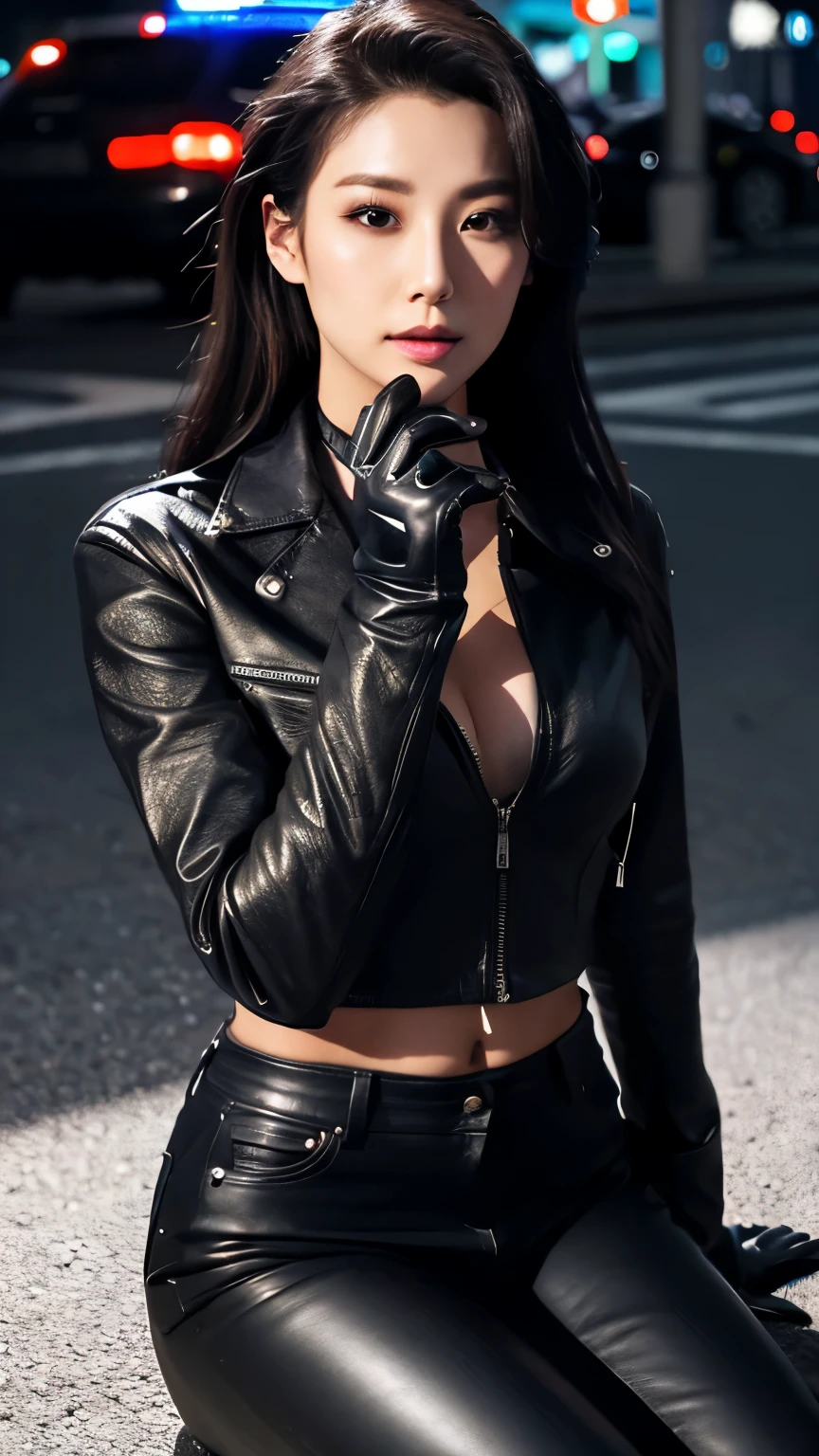 black leather rider jacket, Office in the Dark, Black leather gloved fingertips on both hands,Wearing black leather gloves,Sitting in a black leather chair、 Japanese female new recruits (Black leather gloves cover both hands) (The angle is horizontal)、Black Leather Pants,Black Leather Black Leather Pants,Black Leather Skinny Pants、Long black leather boots on both feet、Black hair ponytail ((He wears black leather gloves on his hands))Full Body Photo,full body shot full body full body leather suit,☺If you turn in this direction。Wearing black leather gloves,Wearing black leather gloves,Wearing black leather gloves,Wearing black leather gloves,Wearing black leather gloves,Wearing black leather gloves,黒のレザーパンツが美しい😍黒のレザーパンツが美しい😍黒のレザーパンツが美しい,😍Smiling while looking at me,City lights、((Neon Cyberpunk City Street:1.3))、(Neon Light)、Detailed lighting、
Best image quality、Ultra-high resolution、(realism:1.4)、Korean Beauty Star、The most beautiful KPOP stars、face、Horny Korean Makeup、A body that makes you want to touch it、Realistic leather texture、Costume made of smooth leather fabric、The drape of the curved parts of the leather fabric、The costume is very shiny、Quality of the costume、8K Photo Quality