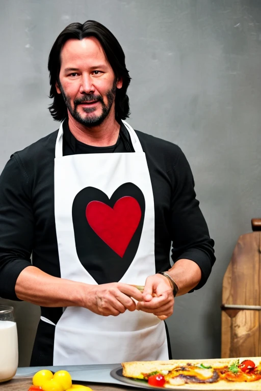 Keanu Reeves makes an omelette wearing a heart-print apron