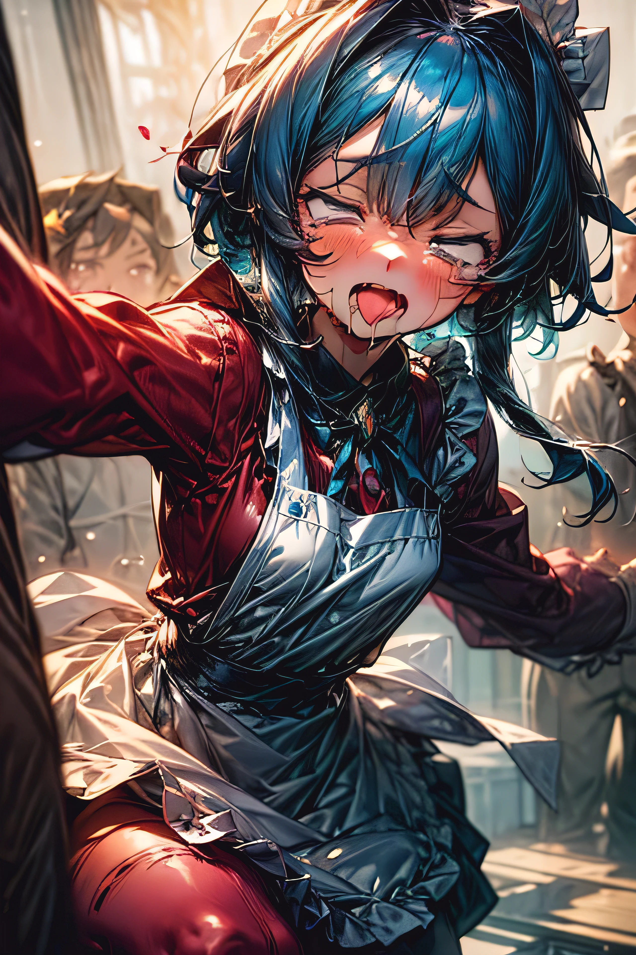 Anime girl with blue hair and a ribbon in her hair, Cute realistic portrait,Drooling、 Gweitz, Magical Girl Portrait, Cute Characters, Cute art style, Anime Moe Art Style, MapleStory character art, cute portrait, Cute Anime Girl Portrait,Raising his arms。(Naked and wearing only an apron), Showing her side、Small person portrait, artwork in the style of Gweitz, Splash Art Anime