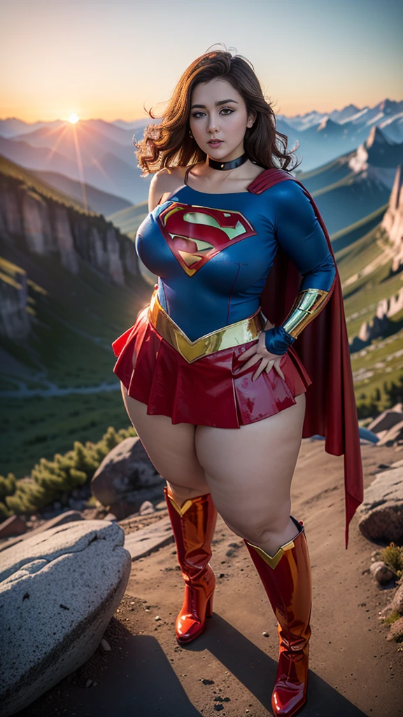 masterpiece, (shoulder length curly brunette hair, Supergirl) ((Standing in the middle TOP OF A HIGH ROCKY MOUNTAIN, SUNSET, BLUE SKY,)) with legs spread、large full breasts、Looking at the camera、Glossy enamel costume、Glossy bright red enamel long boots、Shiny red skirt、Glossy bondage、a choker、Large open legs, (chubby:1.2), (huge breasts:1.1), (wide hips:1.3)