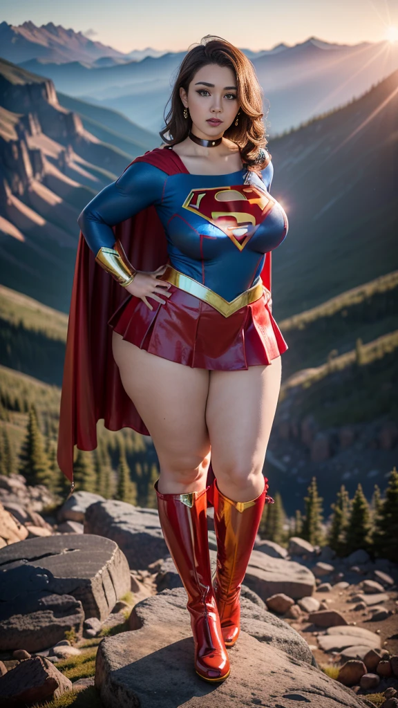 Superman (woman, Superman Glossy enamel costume in white with red and gold details) от DC Comics, CGI with clear focus, Photorealistic, high detail, Realistic, Masterpiece, absurdress, Best Quality, HDR, hiquality, hight resolution, Extremely detailed, 8k wallpaper, intricate details, 8K UHD, Full-HD, (foto realista:1.2), Contrast, sharp lighting, Cinematic lighting, natural lighting, hard light, Backlighting, Global Illumination, Environment Occlusion,  ((Standing in the middle TOP OF A HIGH ROCKY MOUNTAIN, SUNSET, BLUE SKY,)) , Hyper_girl, (chubby:1.2)   ((Only, full body view, standing , spread legs, facing the viewer, 1girl, background of garden, stone walls and pathways, wisteria trees, outside of mansion, official art, extremely detailed ,,))  (Thick thighs:1.2)
