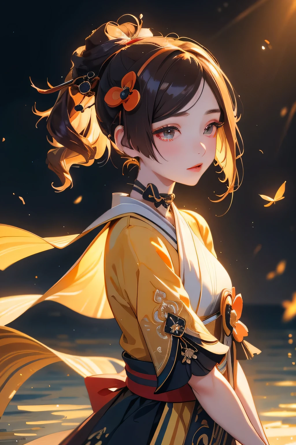 [chiori gi]:1.5,((masterpiece,highest quality,Highly detailed images,Beautiful images))1.4(chiori images、Water city of anime、Beautiful waterways、The wind is blowing、Overall dim lighting、Backlight、A fantastic atmosphere、Thick Fog、Dust flutters)1.3,(standing,Upper body portrait)1.1

