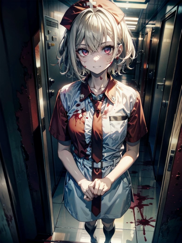 ((blood)), ((blood splatter)), ((blood on clothes)), ((blood stain)), hospital, ((nurse uniform)), (have a motor saw), (zombie), absurdres, RAW photo, extremely delicate and beautiful, masterpiece, Best Quality, ultra high resolution, 32k, hyperrealistic, ultra-detailed, detailed description, pale skin, 20 years old, tearful mole, earring, Colossal tits, short medium hair, wavy hair, evil grin, full body shot,