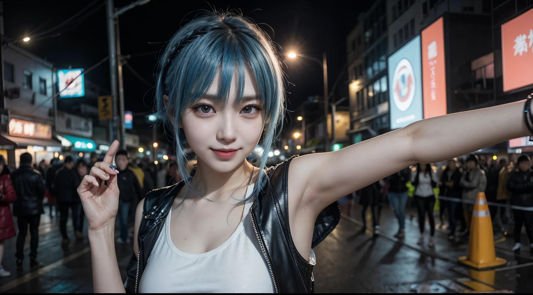 there is a woman with a blue hair and a white top, anime girl cosplay, inspired by Leng Mei, photo of slim girl model, anime girl in real life, seductive anime girl, cyberpunk 2 0 y. o model girl, chinese girl, female cyberpunk anime girl, photo of slim girl, show armpits, beautiful cyberpunk woman model, anime cosplay, cosplay photo, cosplay, happy expression