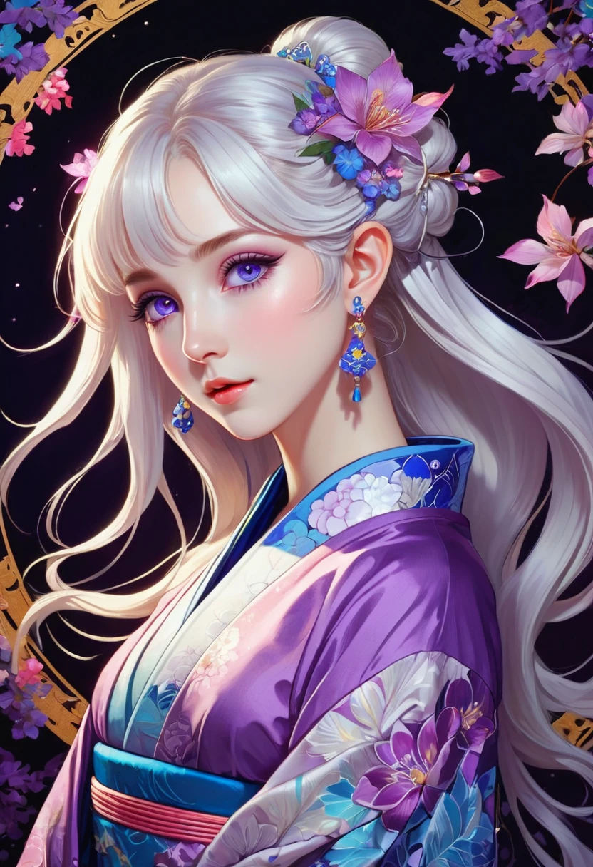 [（black background：1.5）：：0.25]，（hexagon：1.4），（Vivid colors：1.4）（Pop Art：1.4）、（Art Nouveau：1.1），night，Petals flutter，月Light，Elf girl with makeup，Wearing Kimono，Silver hair，Very long hair，(Heterochromia of eyes)，Purple and blue eyes，（Pale complexion），Keep your mouth shut（masterpiece，quality，最佳quality，Official Art，Beauty and aesthetics：1.2），Very detailed，（Fractal Art：1.1），（Blooming flowers：1.3），（Tangle：1.2），（Dynamic poses），（Abstract Background：1.3），（Traditional Chinese embroidery fabrics：1.2）、（皮肤发Light）、（multiple colour：1.4）、（Ear nipple rings：1.4），（Decorative paintings：1.6，）、Light、墨画和ink画，ink