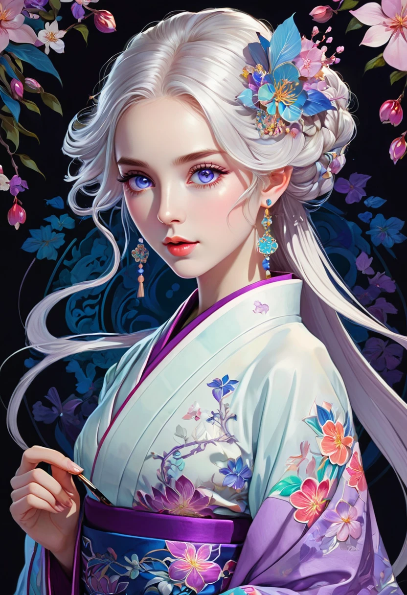 [（black background：1.5）：：0.25]，（hexagon：1.4），（Vivid colors：1.4）（Pop Art：1.4）、（Art Nouveau：1.1），night，Petals flutter，月Light，Elf girl with makeup，Wearing Kimono，Silver hair，Very long hair，(Heterochromia of eyes)，Purple and blue eyes，（Pale complexion），Keep your mouth shut（masterpiece，quality，最佳quality，Official Art，Beauty and aesthetics：1.2），Very detailed，（Fractal Art：1.1），（Blooming flowers：1.3），（Tangle：1.2），（Dynamic poses），（Abstract Background：1.3），（Traditional Chinese embroidery fabrics：1.2）、（皮肤发Light）、（multiple colour：1.4）、（Ear nipple rings：1.4），（Decorative paintings：1.6，）、Light、墨画和ink画，ink