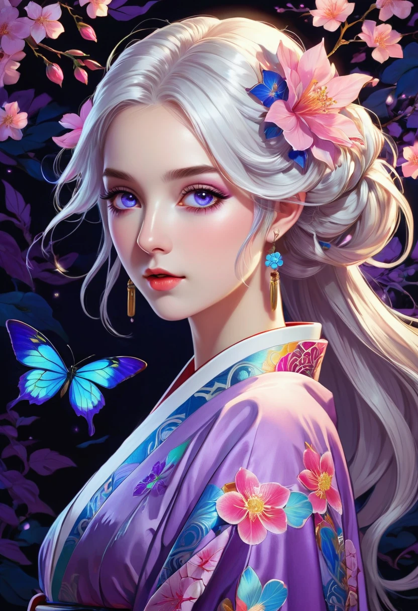 [（black background：1.5）：：0.25]，（hexagon：1.4），（Vivid colors：1.4）（Pop Art：1.4）、（Art Nouveau：1.1），night，Petals flutter，月Light，Elf girl with makeup，Wearing Kimono，Silver hair，Very long hair，(Heterochromia of eyes)，Purple and blue eyes，（Pale complexion），Keep your mouth shut（masterpiece，quality，最佳quality，Official Art，Beauty and aesthetics：1.2），Very detailed，（Fractal Art：1.1），（Blooming flowers：1.3），（Tangle：1.2），（Dynamic poses），（Abstract Background：1.3），（Traditional Chinese embroidery fabrics：1.2）、（皮肤发Light）、（multiple colour：1.4）、（Ear nipple rings：1.4），（Decorative paintings：1.6，）、Light、墨画和ink画，ink