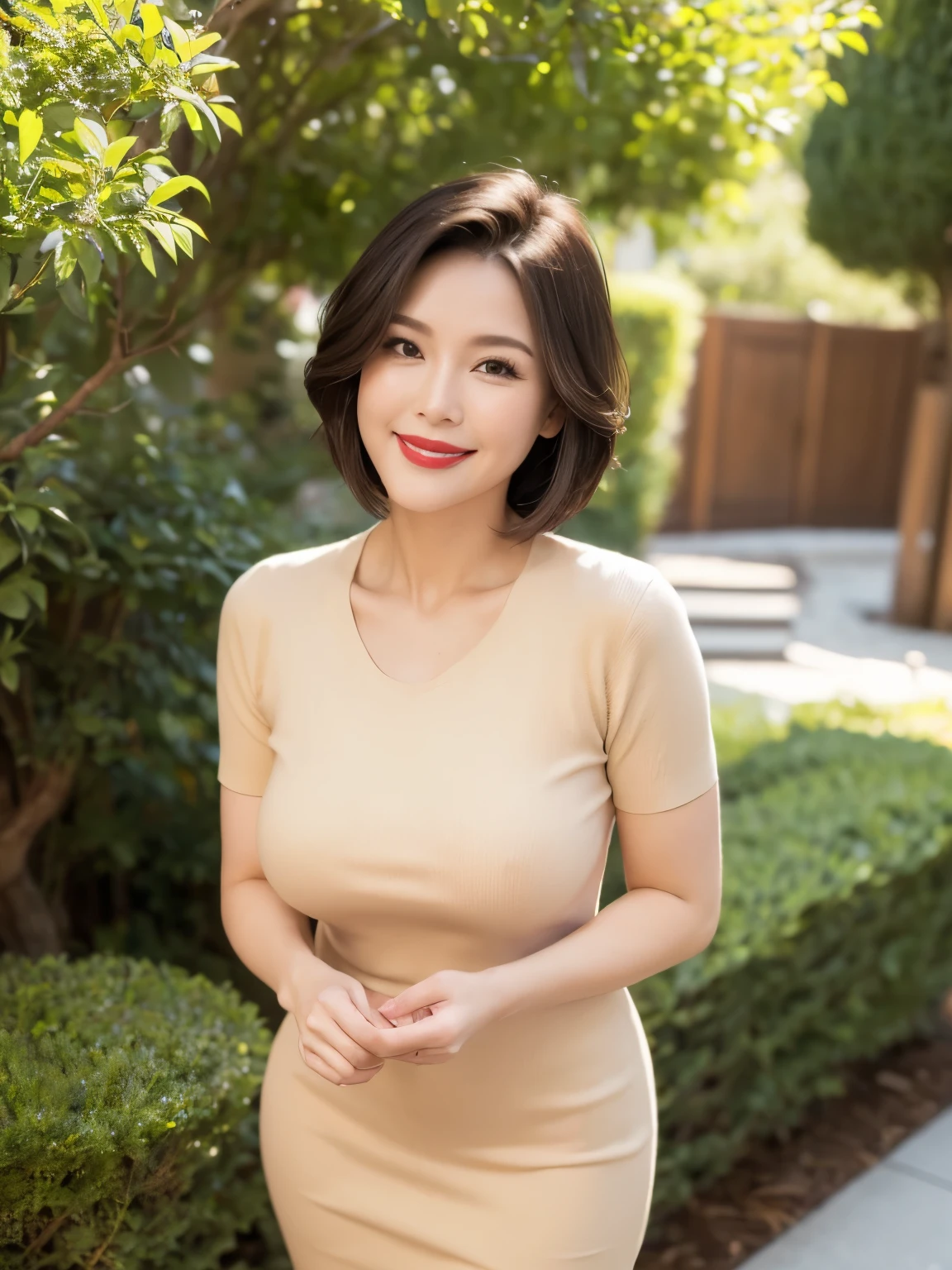 Draw lips correctly, Red lipstick, From the chest up, highest quality, Very detailed, real, super fine muscle, Perfect Anatomy, (1 日本mature的女人), (alone),(Beige crew neck sweater dress:1.6),Short sleeve,(Short black hair:2),woman, Age 37,mature,Cute Smile,Garden Background,stand,(Slightly chubby)、(D cup breasts:1.5),Medium Chest,Full Body Shot。