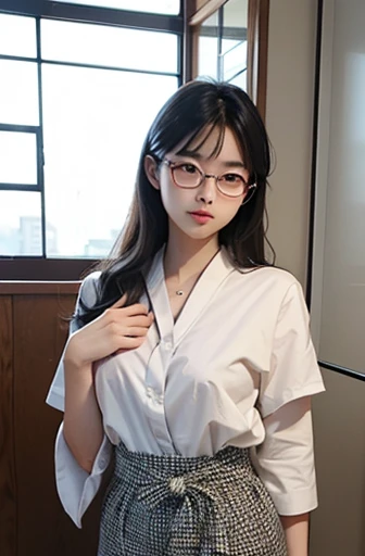 fullbodystanding,27 years old,Japanese,woman,Thick eyebrows,Deep-set eyelids,Thin Nose,Glasses,bathroom,best quality, masterpiece, photorealistic, realistic, ultra high definition, ray tracung