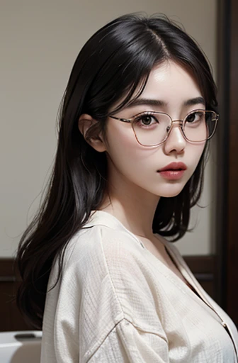 fullbodystanding,27 years old,Japanese,woman,Thick eyebrows,Deep-set eyelids,Thin Nose,Glasses,bathroom,best quality, masterpiece, photorealistic, realistic, ultra high definition, ray tracung