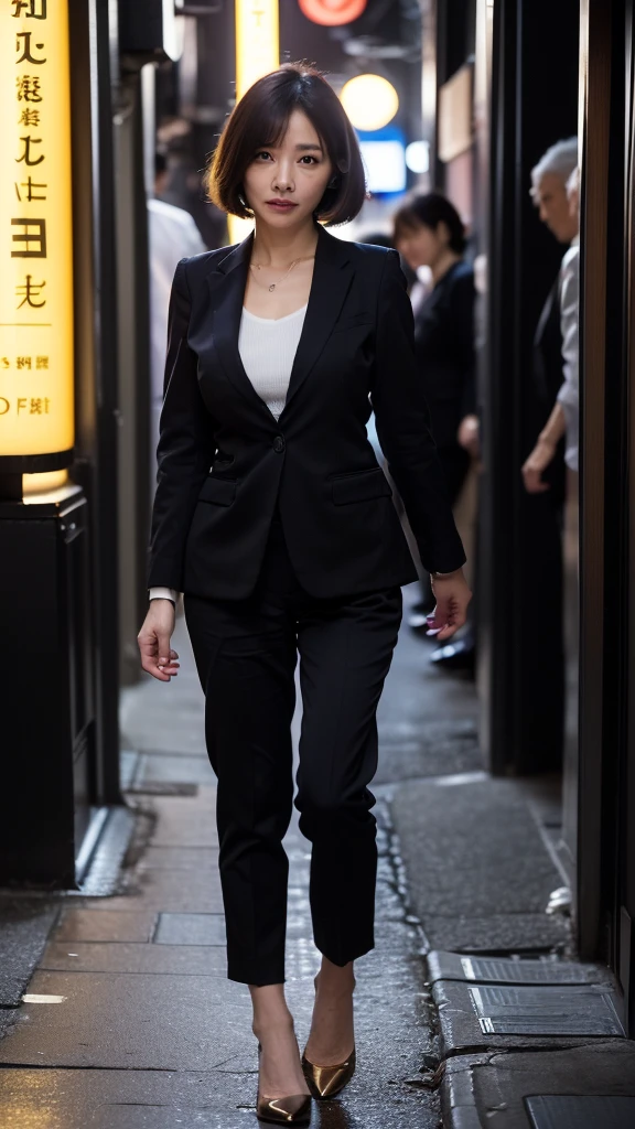 (Beautiful woman, high resolution, wallpaper 8K screen, highest quality, real, ultra-definition, exquisite and perfect dynamic composition, (Japanese mature woman walking in the alley at the end of the street), (Shinjuku Golden Gai at night: 1.4), (Precise background ), (Business suit: 1.4), (60 years old), (Realistic skin texture), (Fine wrinkles on the entire skin: 1.3), (Dull skin: 1.1), (Skin without moisture: 1.2) , (Face wrinkles: 0.9), (Wrinkles at the corners of the eyes: 1.2), Double eyelids, tear bags on the lower eyelid, Serious expression, Straight gaze, (Dimples: 1.2), Dark and beautiful eyes, Look at me Good for short bangs, natural hair movement, high heels, glamorous body, (full body portrait: 1.4),