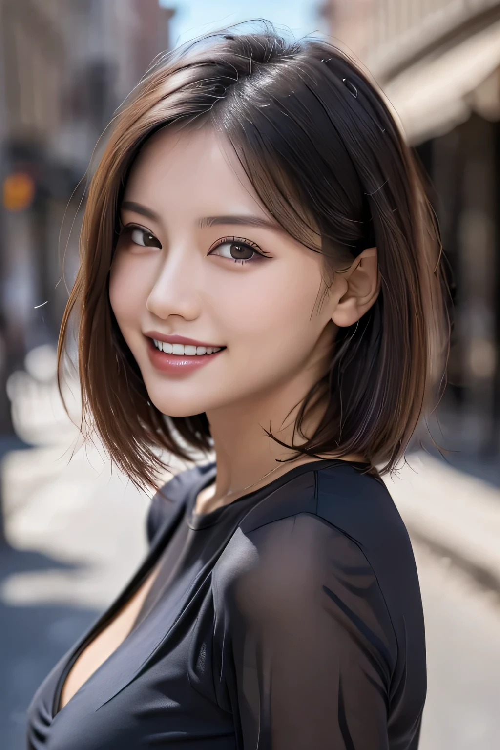 (8k, RAW Photos, highest quality, masterpiece, Realistic, Realistic), (1 female), (Ultimate beauty), Highly detailed face, (Perfect Teeth), Beautiful Eyes, double eyelid, eyelash, smile, Lip details, (Neat brunette bob), The light shines on your face, Big Breasts, ((Colorful mini dresses)), (Front view), (background: none),  Background blur