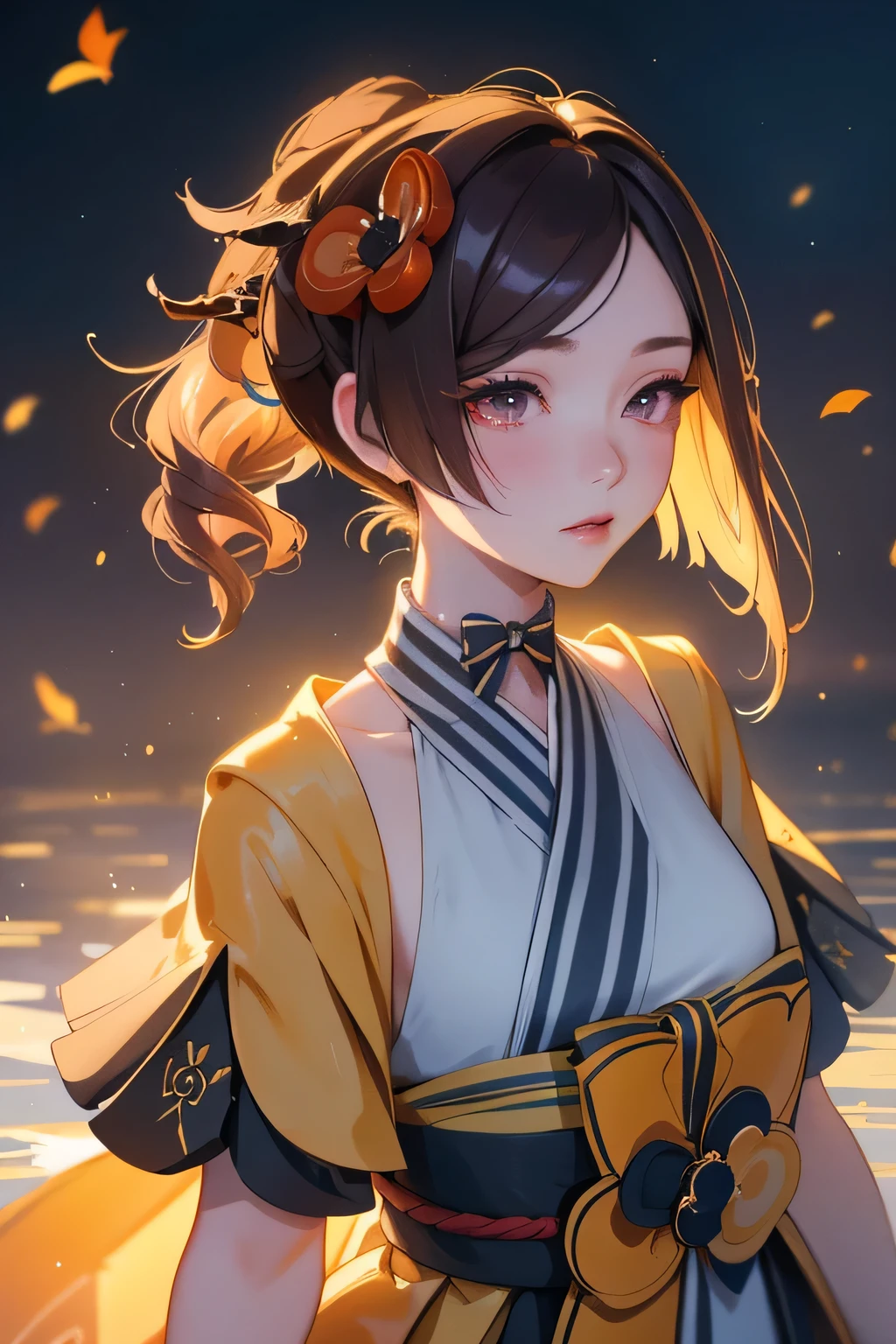 [chiori gi]:1.5,((masterpiece,highest quality,Highly detailed images,Beautiful images))1.4(chiori images、Water city of anime、Beautiful waterways、The wind is blowing、Overall dim lighting、Backlight、A fantastic atmosphere、Thick Fog、Dust flutters)1.3,(standing,Upper body portrait)1.1

