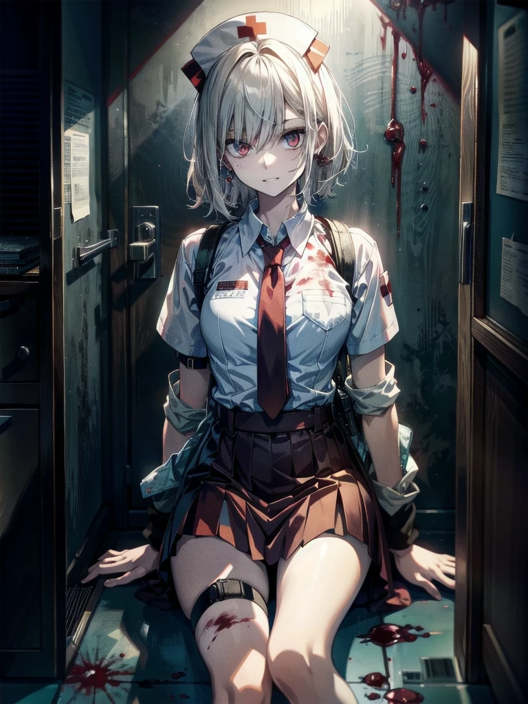 ((Blood droplets)), ((blood)), ((blood splatter)), ((blood on clothes)), ((blood stain)), hospital, nurse uniform, (have a chain saw), (zombie), absurdres, RAW photo, extremely delicate and beautiful, masterpiece, Best Quality, ultra high resolution, 32k, hyperrealistic, ultra-detailed, detailed description, pale skin, 20 years old, tearful mole, earring, Colossal tits, short medium hair, wavy hair, evil grin, full body shot,