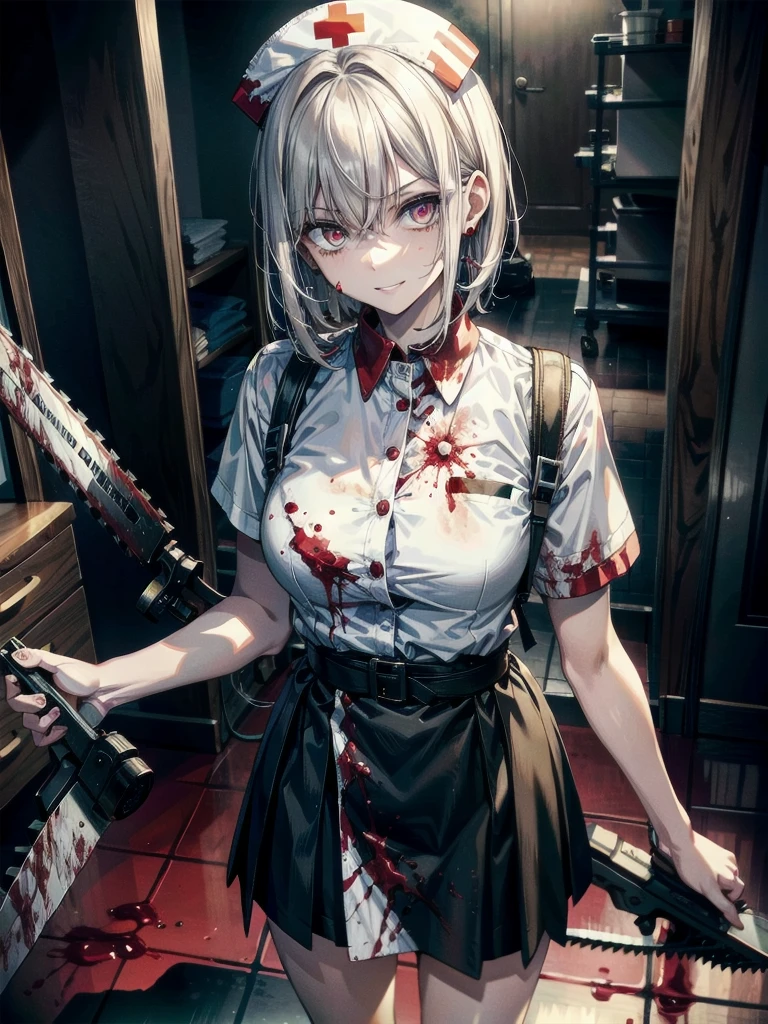 ((blood)), ((blood splatter)), ((blood on clothes)), ((blood stain)), hospital, ((nurse uniform)), (have a mechanical chainsaw), (zombie), absurdres, RAW photo, extremely delicate and beautiful, masterpiece, Best Quality, ultra high resolution, 32k, hyperrealistic, ultra-detailed, detailed description, pale skin, 20 years old, tearful mole, earring, Colossal tits, short medium hair, wavy hair, evil grin, full body shot,