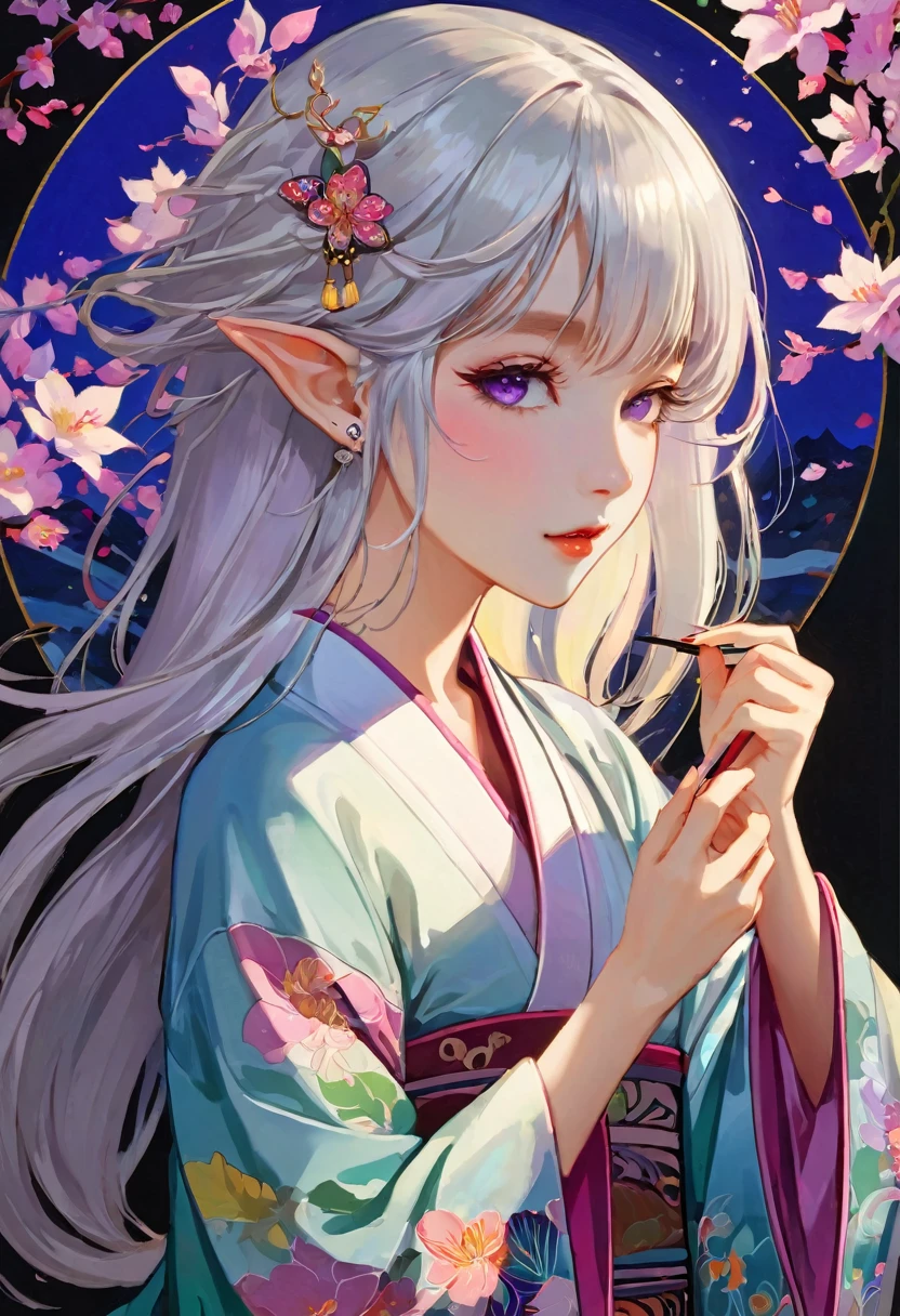 [（black background：1.5）：：0.25]，（hexagon：1.4），（Vivid colors：1.4）（Pop Art：1.4）、（Art Nouveau：1.1），night，Petals flutter，月Light，Elf girl with makeup，Wearing Kimono，Silver hair，Very long hair，(Heterochromia of the Eyes, violet eyes)，（Pale complexion），Keep your mouth shut（masterpiece，quality，最佳quality，Official Art，Beauty and aesthetics：1.2），Very detailed，（Fractal Art：1.1），（Blooming flowers：1.3），（Tangle：1.2），（Dynamic poses），（Abstract Background：1.3），（Traditional Chinese embroidery fabrics：1.2）、（皮肤发Light）、（multiple colour：1.4）、（Ear nipple rings：1.4），（Decorative paintings：1.6，）、Light、Ink painting，