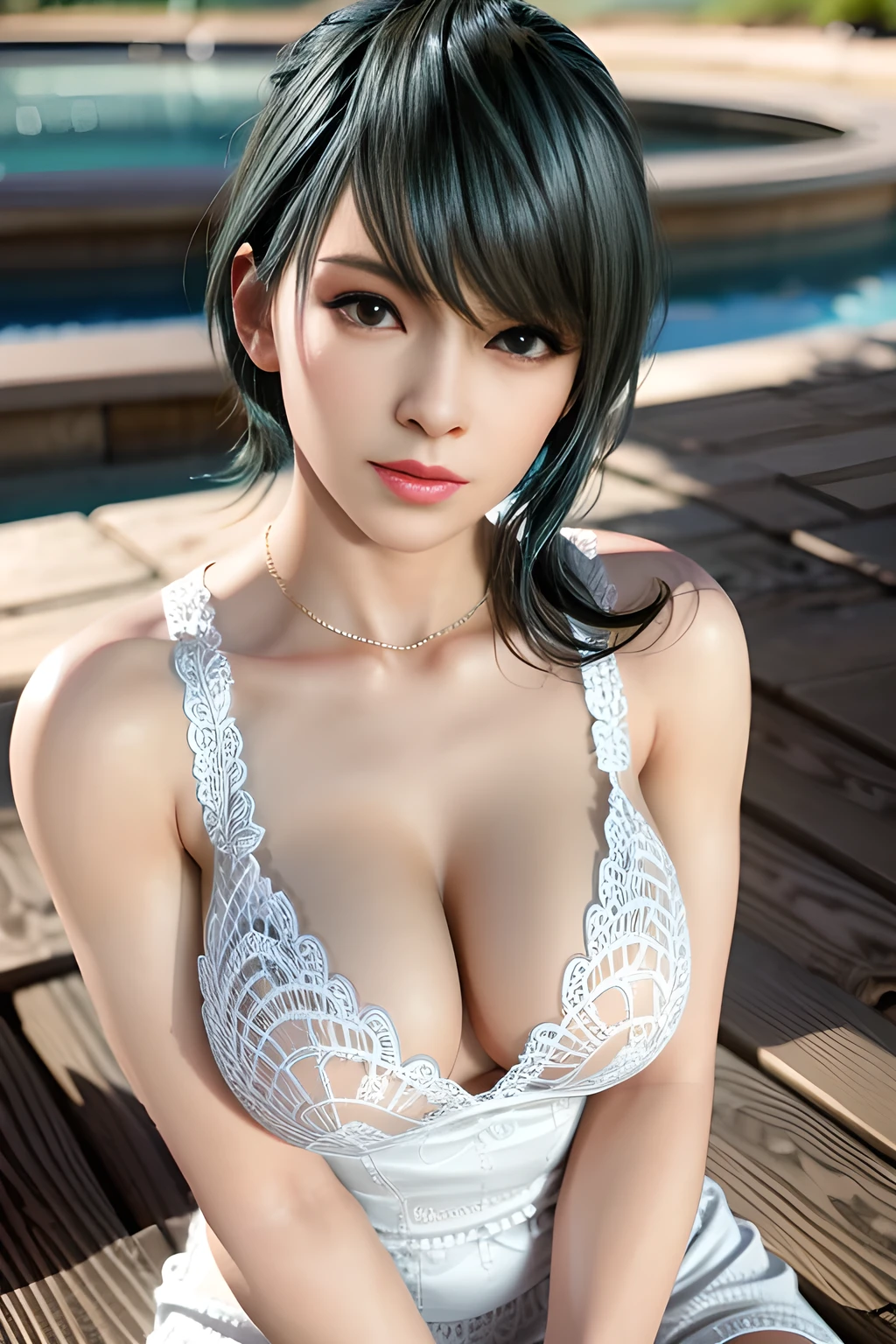 1girl, white knit dress, appealing cleavage, beautiful tattoo, overhead view, beautiful detailed eyes, beautiful detailed lips, extremely detailed eyes and face, long eyelashes, feminine charm, detailed texture, snug fit, fashionable, soft fabric, radiant skin, (best quality,4k,8k,highres,masterpiece:1.2), ultra-detailed, (realistic,photorealistic,photo-realistic:1.37), tamaki