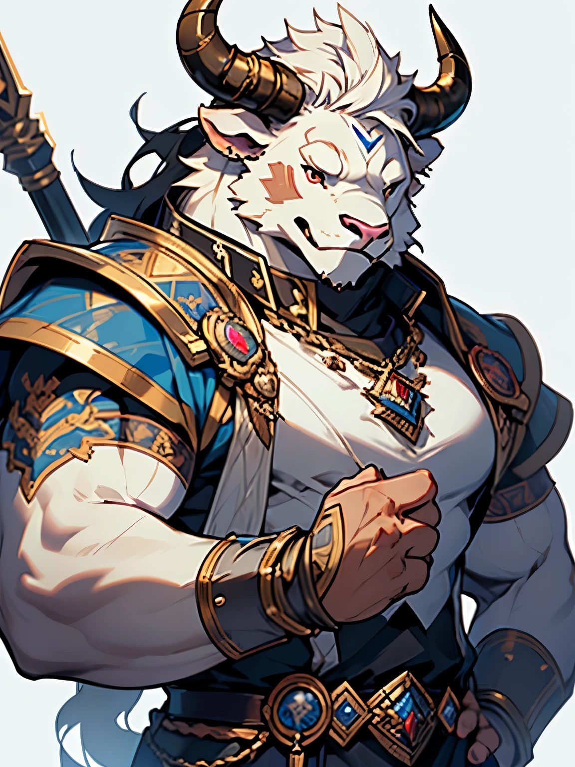 (masterpiece),(Very detailed),(Very detailed),(best quality),nj5furry-v2, ((bull)), armored, white bull,golden pupil, strong build,(soft smiling:1.1),((having a warhammer)) (young prince),((no background)),8k,((high quality)) animated style.