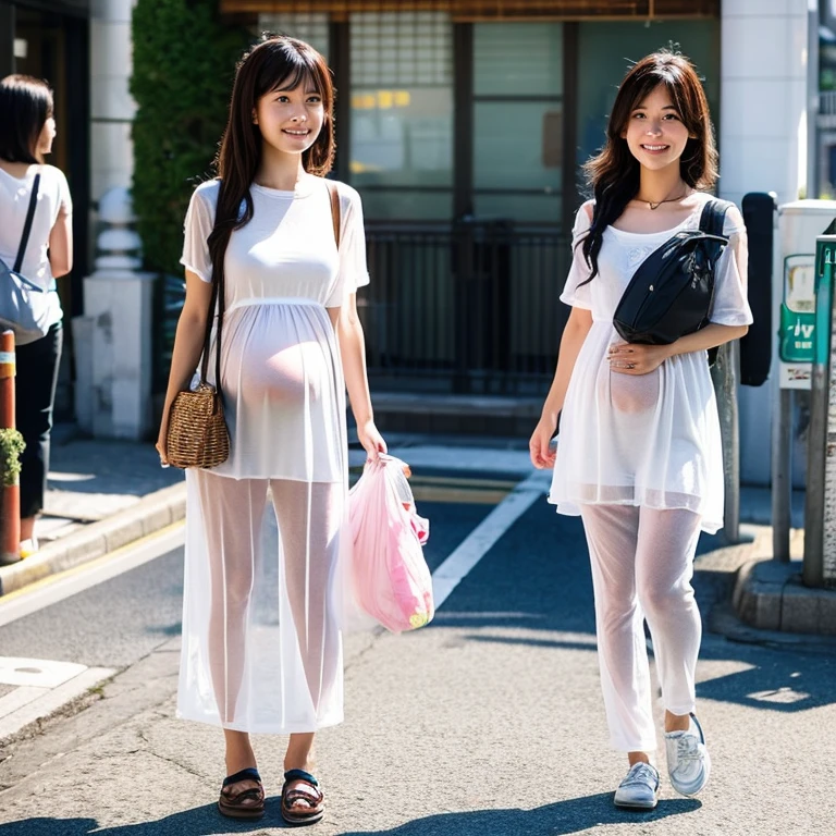 A beautiful young Japanese pregnant mother and daughter wearing see-through clothes and carrying school bags on the street during the day