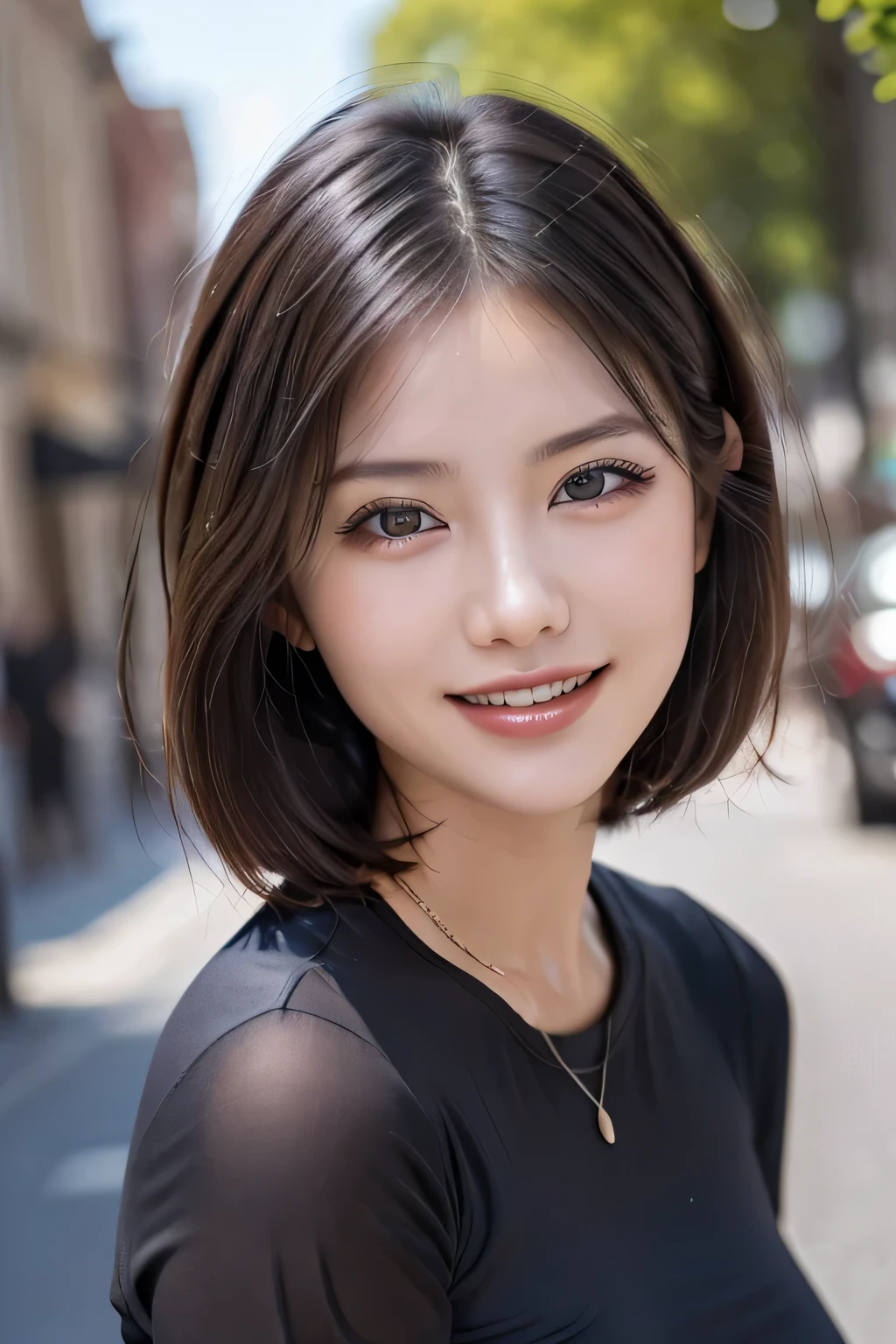 (8k, RAW Photos, highest quality, masterpiece, Realistic, Realistic), (1 female), (Ultimate beauty), Highly detailed face, (Perfect Teeth), Beautiful Eyes, double eyelid, eyelash, smile, Lip details, (Neat brunette bob), The light shines on your face, Big Breasts, ((Colorful mini dresses)), (Front view), (background: none), Background blur