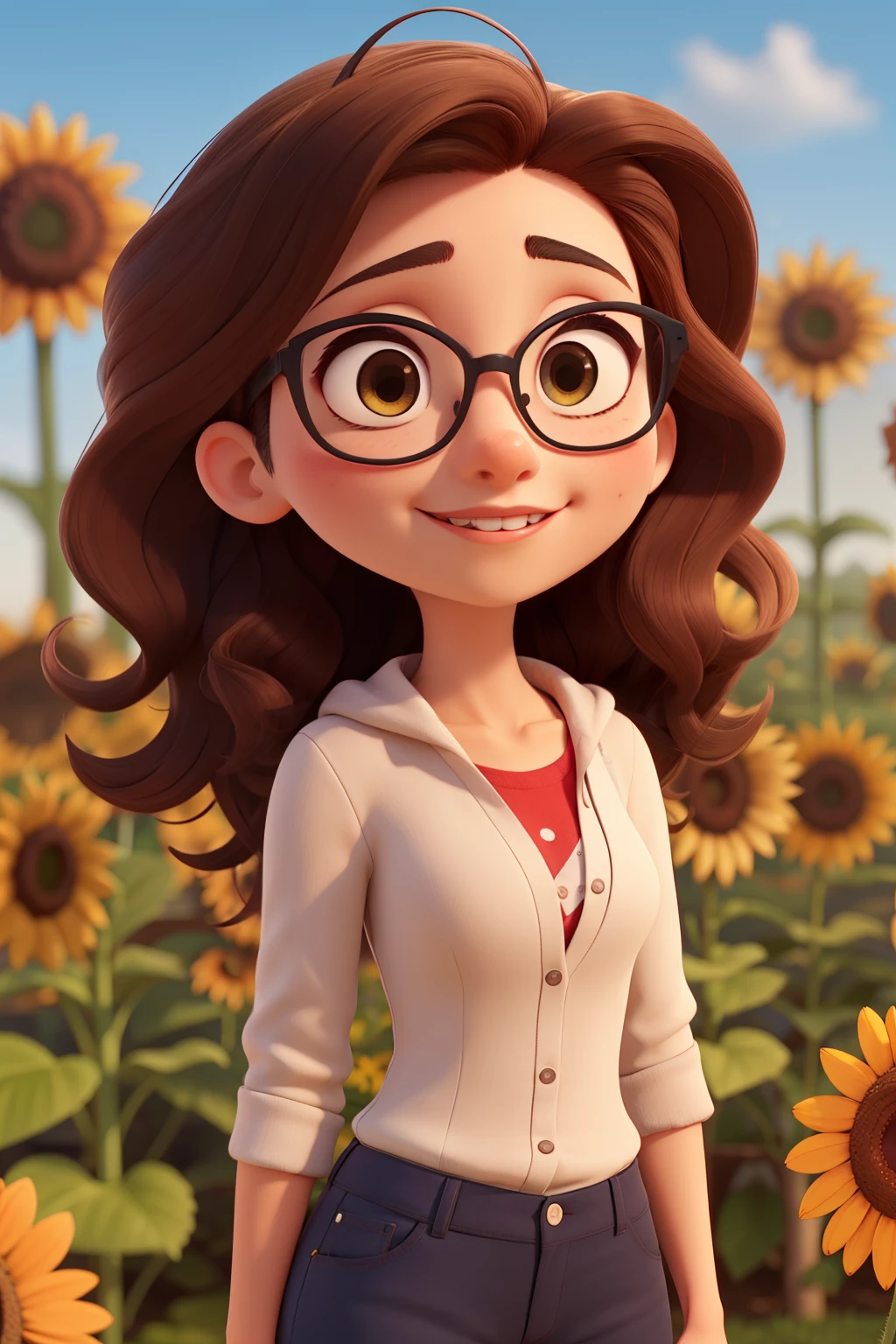 una mujer joven sola, con el peo suelto color cobrizo, brown eyes and glasses ,sosteniendo unos girasoles 