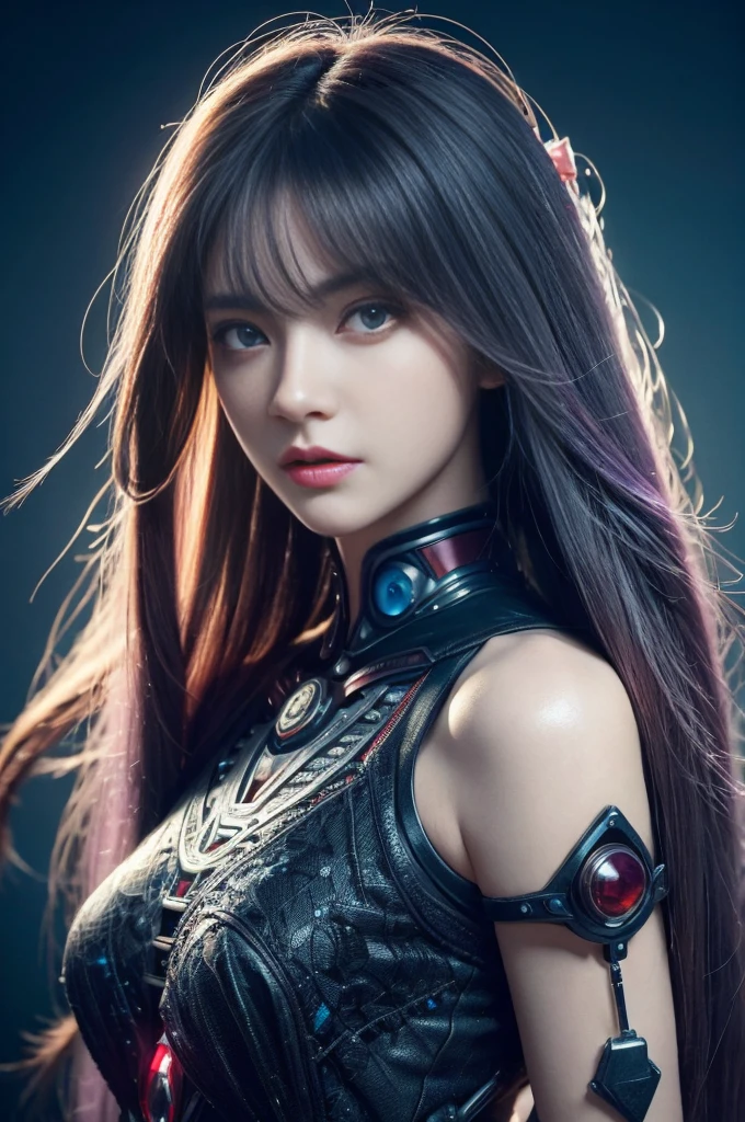 masterpiece, best quality, illustration, Beautiful and delicate eyes, Color Background, Mechanical prosthesis, mech coverage, Appearance of dark purple color accompanied by white hair, Pig's tail, Messy hair, Fluorescent violet, cool action, rose red eyes, Beautiful and detailed cyberpunk city, Colorful hair, Beautiful and delicate light, 1 girl, Expressionless, Cold expression, crazy, Long bangs, Long hair, Lace, Dynamic Synthesis, sports, Extremely detailed, Extremely detailed, Lots of details, Amazing fine details and brushstrokes, Smooth, HD semi-realistic anime CG concept art digital, style,