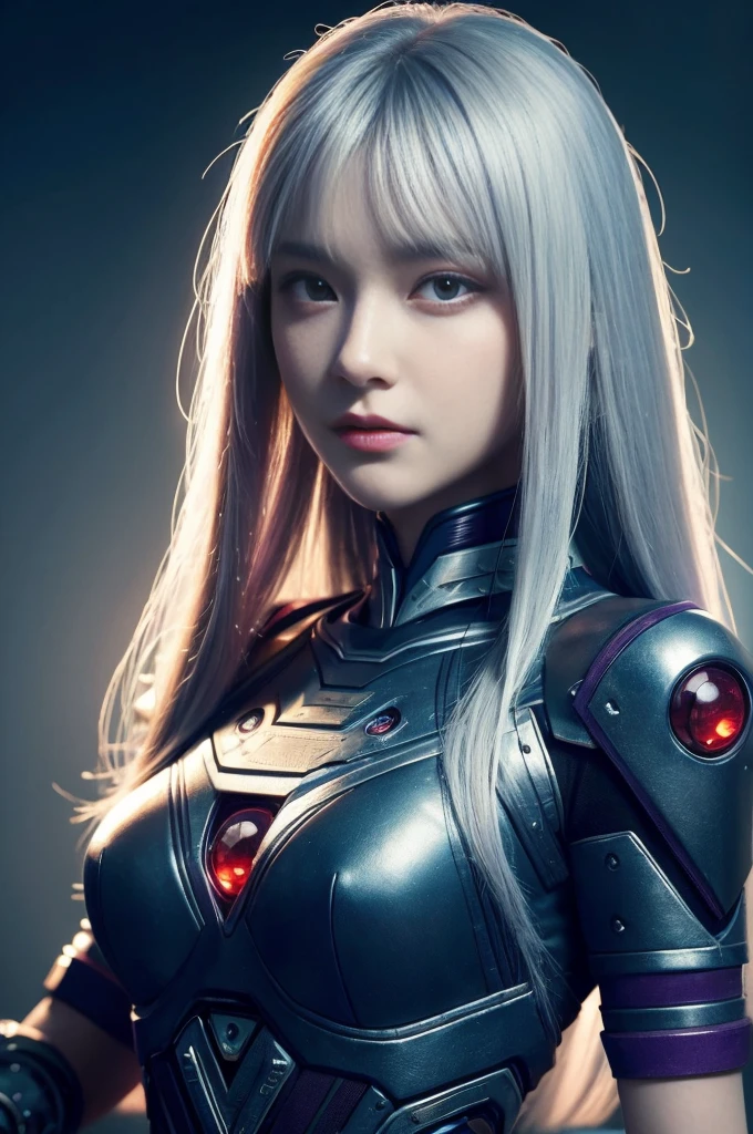 masterpiece, best quality, illustration, Beautiful and delicate eyes, Color Background, Mechanical prosthesis, mech coverage, Appearance of dark purple color accompanied by white hair, Pig's tail, Messy hair, Fluorescent violet, cool action, rose red eyes, Beautiful and detailed cyberpunk city, Colorful hair, Beautiful and delicate light, 1 girl, Expressionless, Cold expression, crazy, Long bangs, Long hair, Lace, Dynamic Synthesis, sports, Extremely detailed, Extremely detailed, Lots of details, Amazing fine details and brushstrokes, Smooth, HD semi-realistic anime CG concept art digital, style,