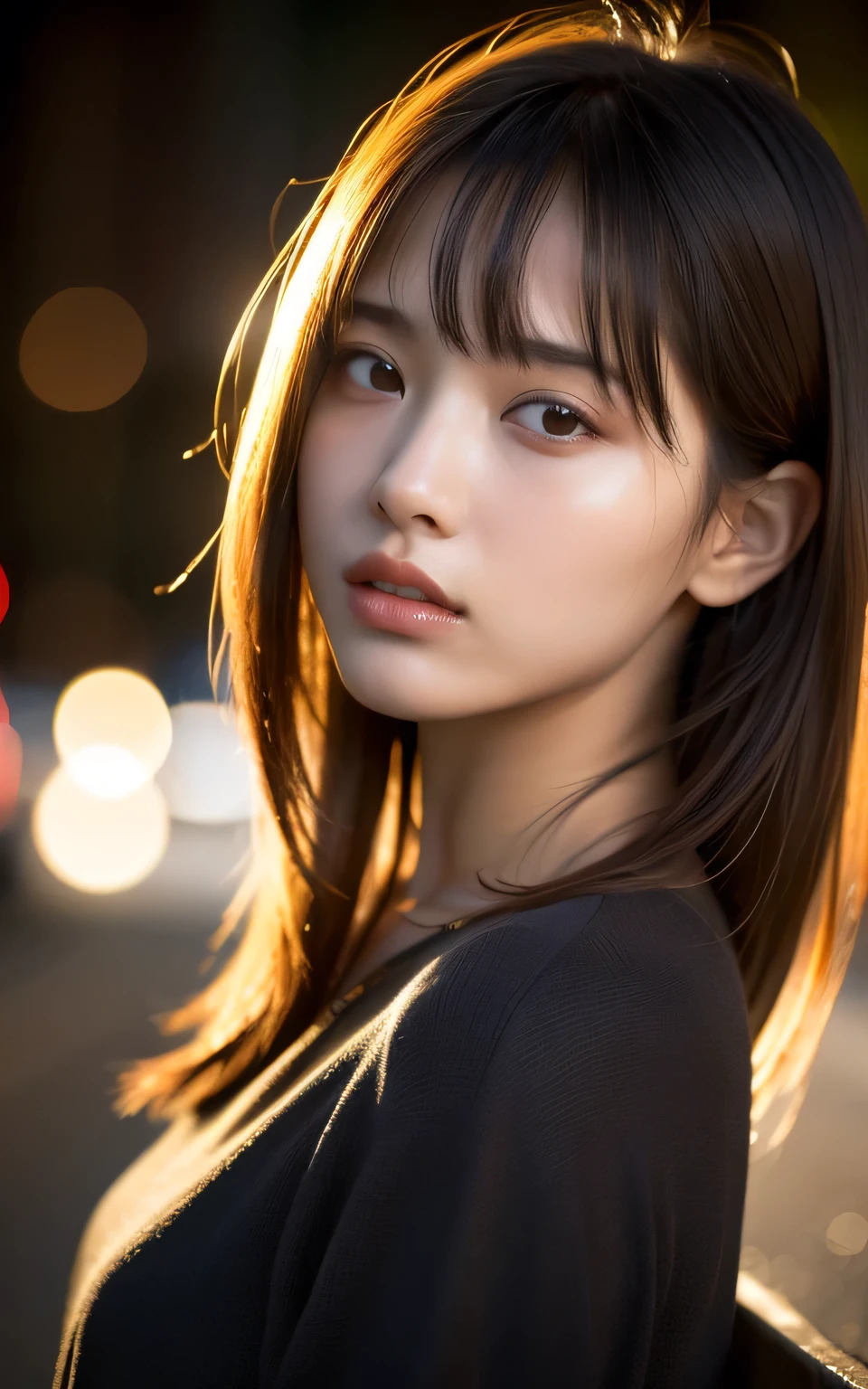 (Photo realistic:1.4), (Surreal:1.4), (Smooth lighting:1.05), 1 girl, (sad:1.4), Open your mouth a little, Pure beauty, 22 years old, Soft lighting, Backlight, (Top quality real texture skins), I narrowed my eyes., Very beautiful face, Glowing Skin, retina, Anatomically correct, Acura, Super Detail, Textured skin, high quality, Attention to detail, 最high quality, High resolution,City of night, Medium length hair swaying in the wind, bangs, blouse